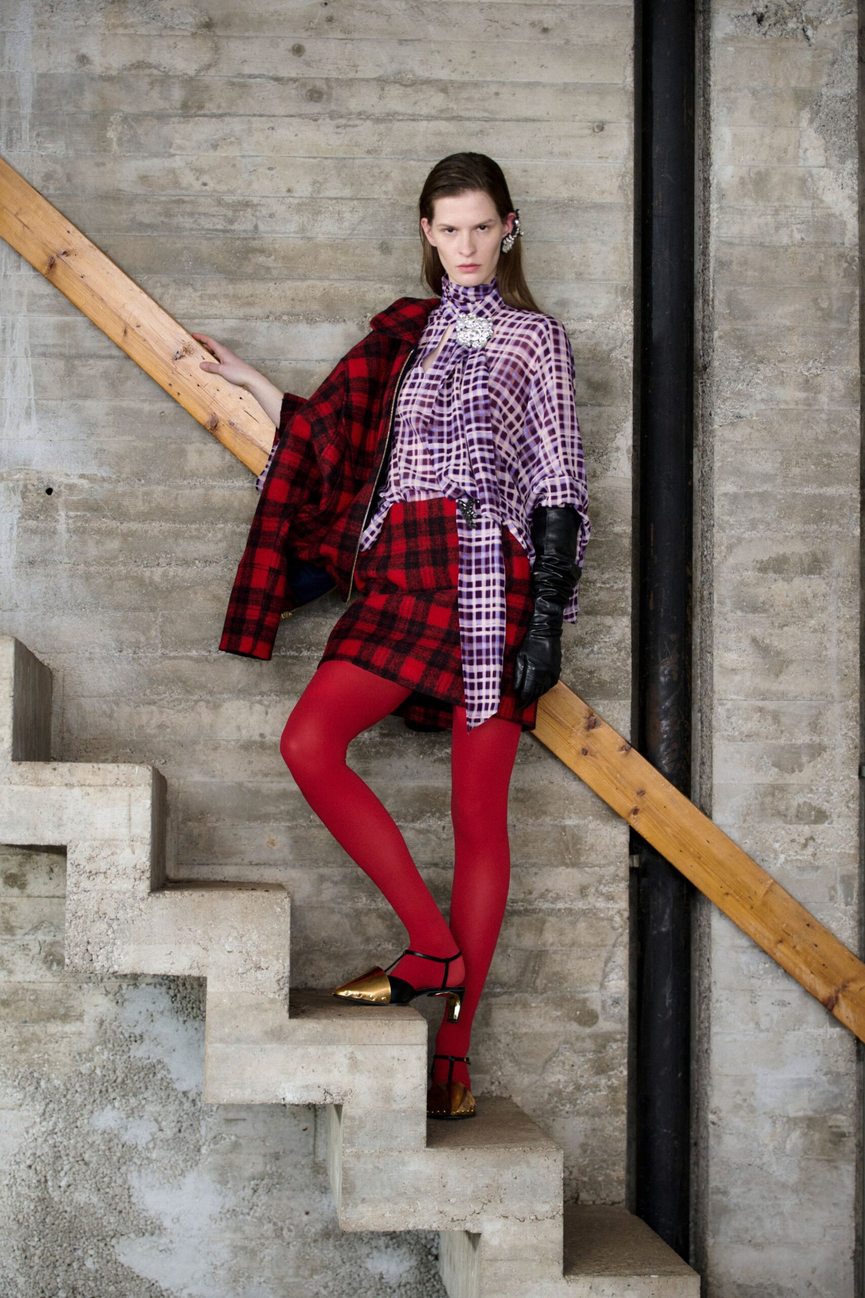 red cotton long-sleeve relaxed checked cape