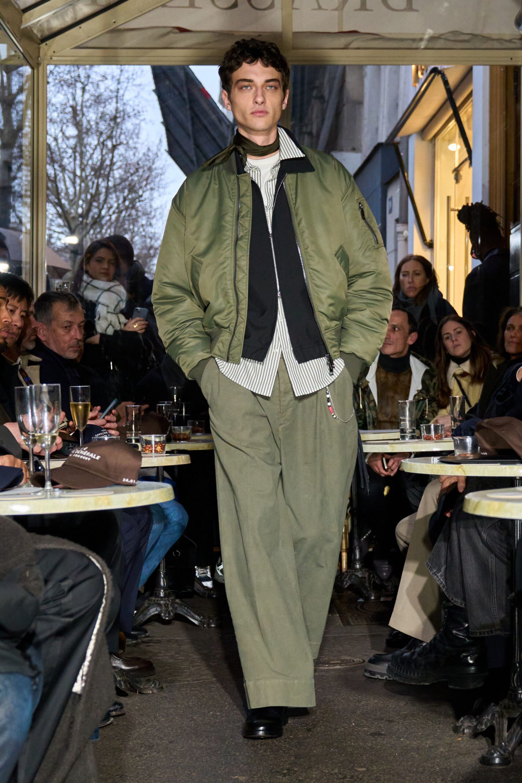 green relaxed jacket with striped shirt