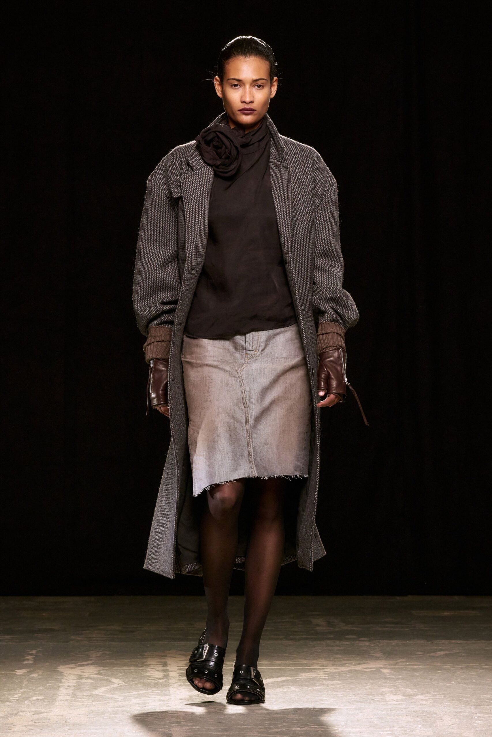 gray denim fitted fringed skirt