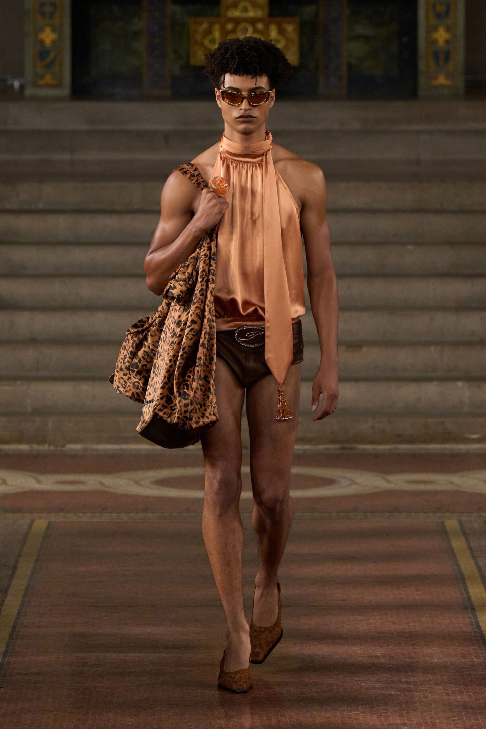 orange silk sleeveless high-neck fitted pleated top