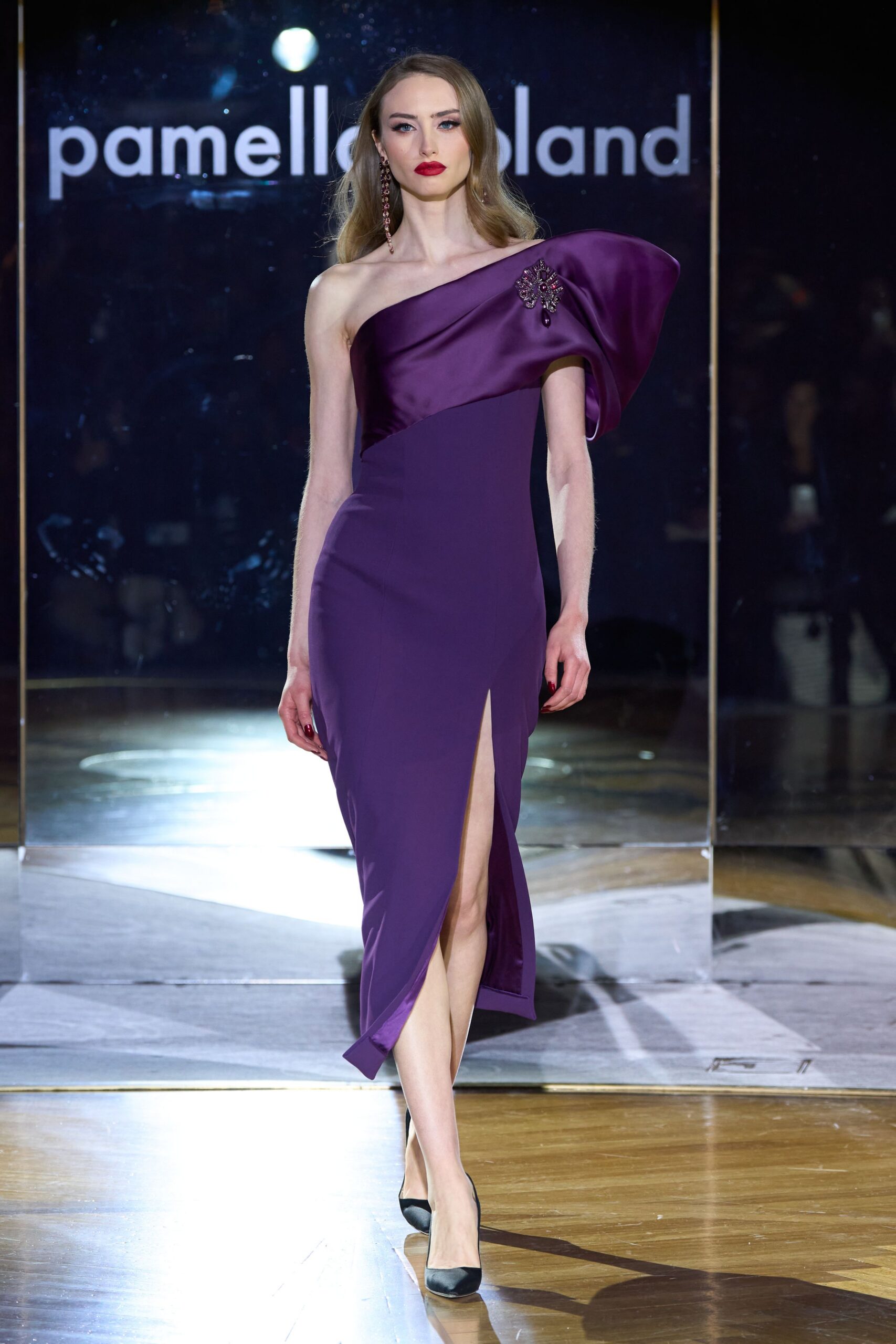 purple silk sleeveless high-neck fitted draped midi gown