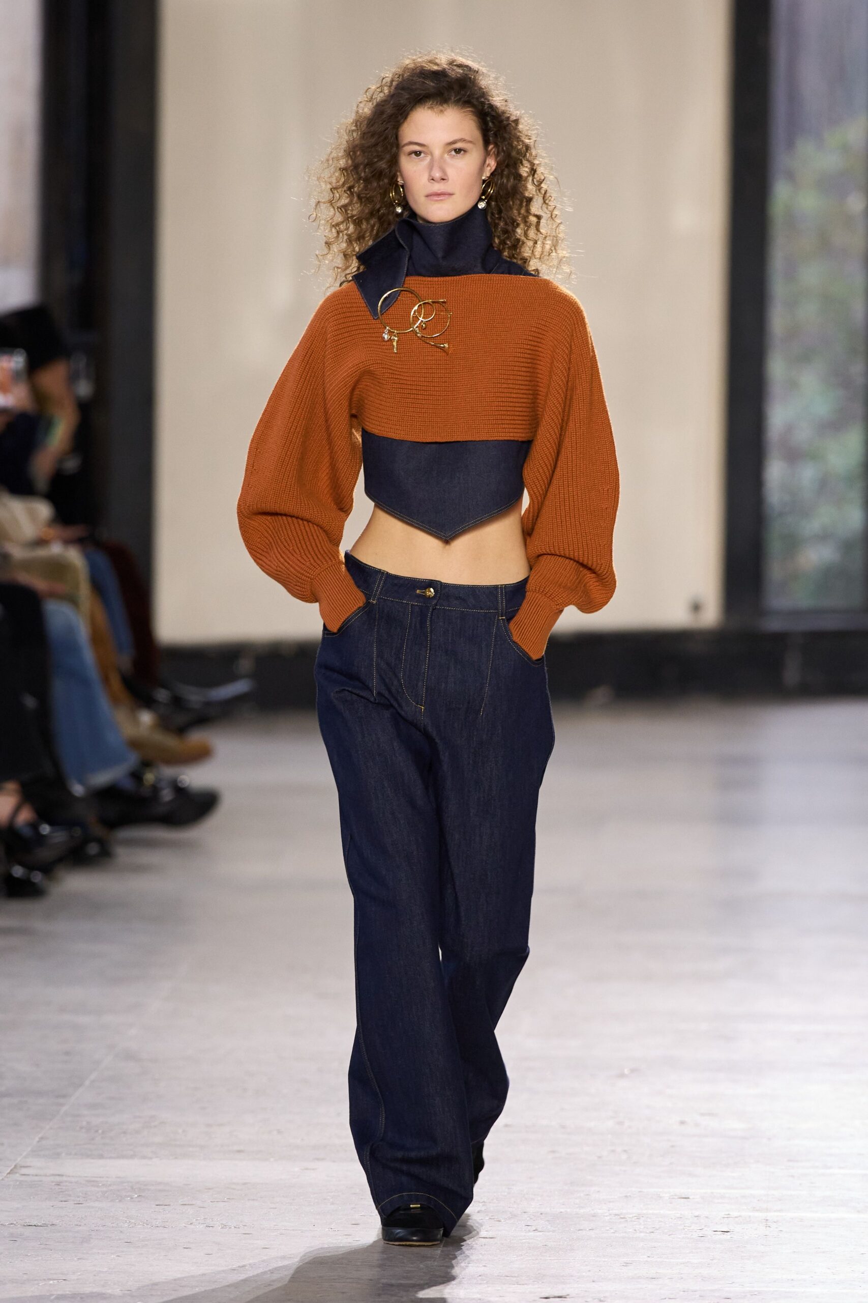 orange wool long-sleeve high-neck fitted cropped top