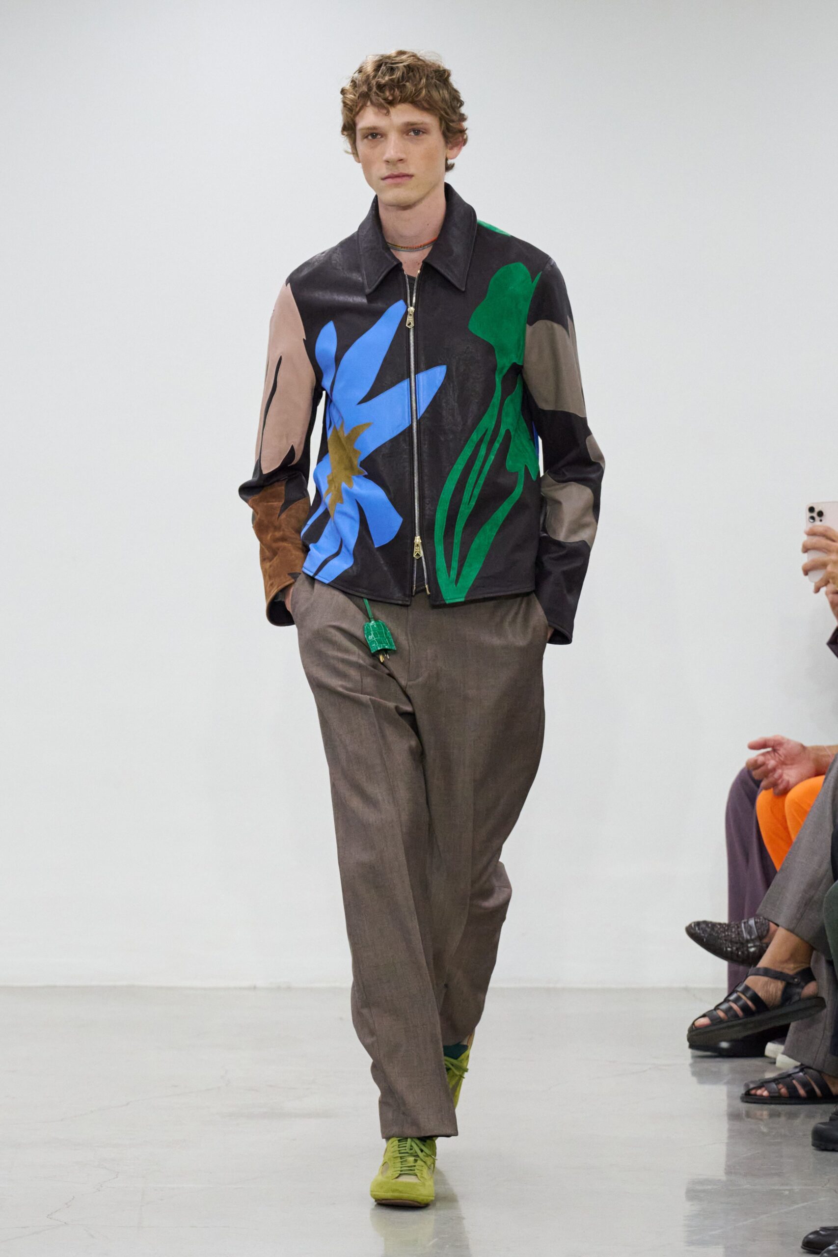 black leather long-sleeve collared fitted color-blocked jacket