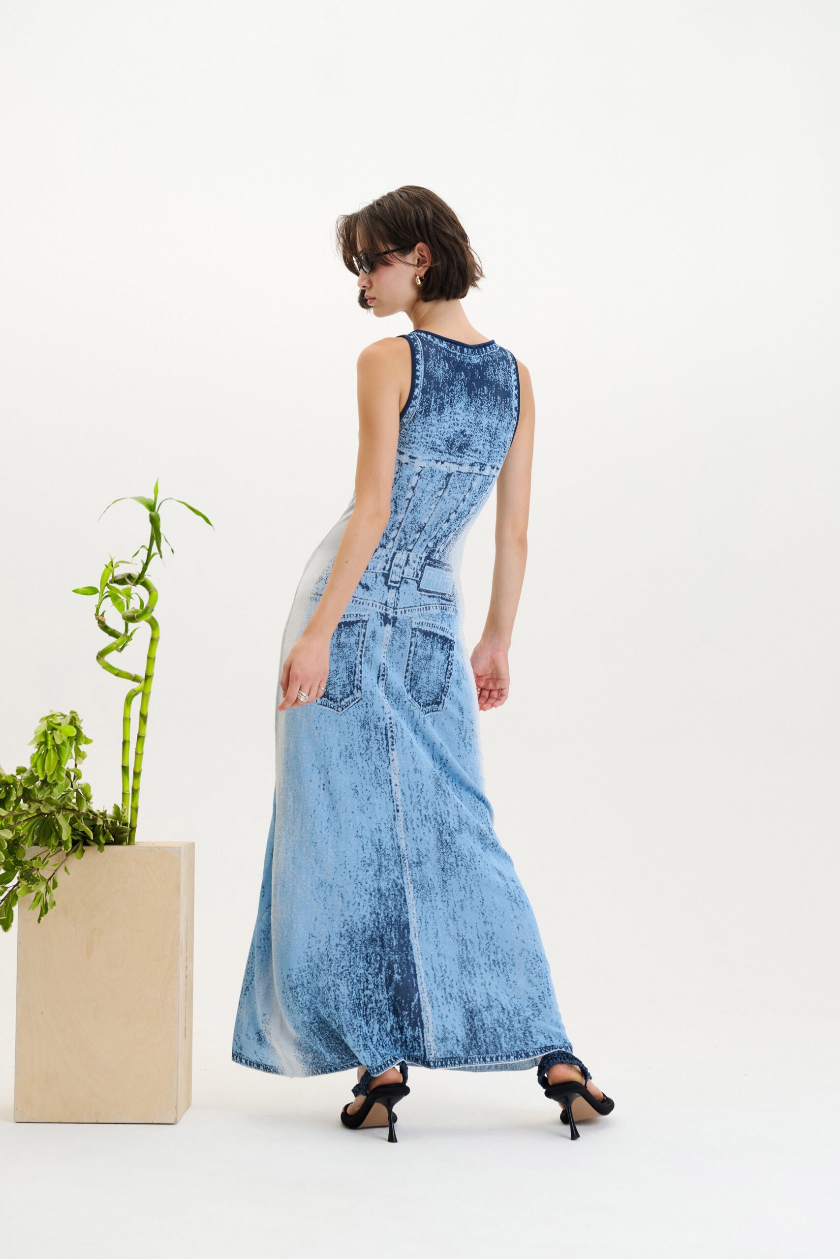 blue denim sleeveless maxi dress