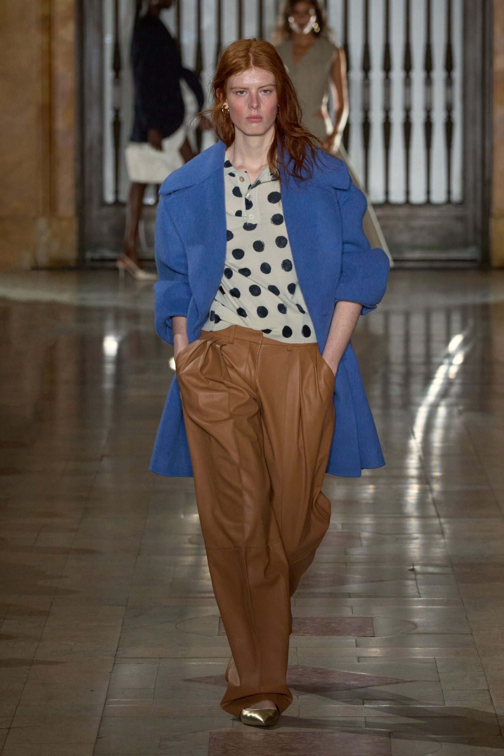 blue coat with polka-dot shirt