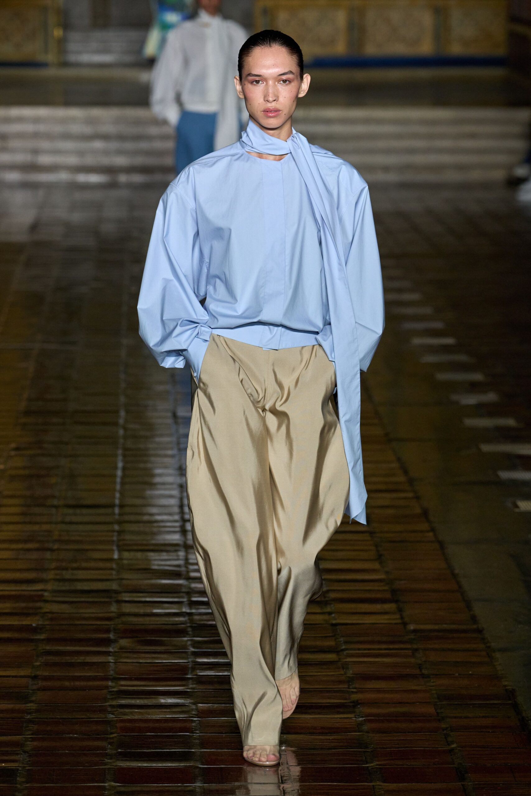 blue relaxed shirt beige pants