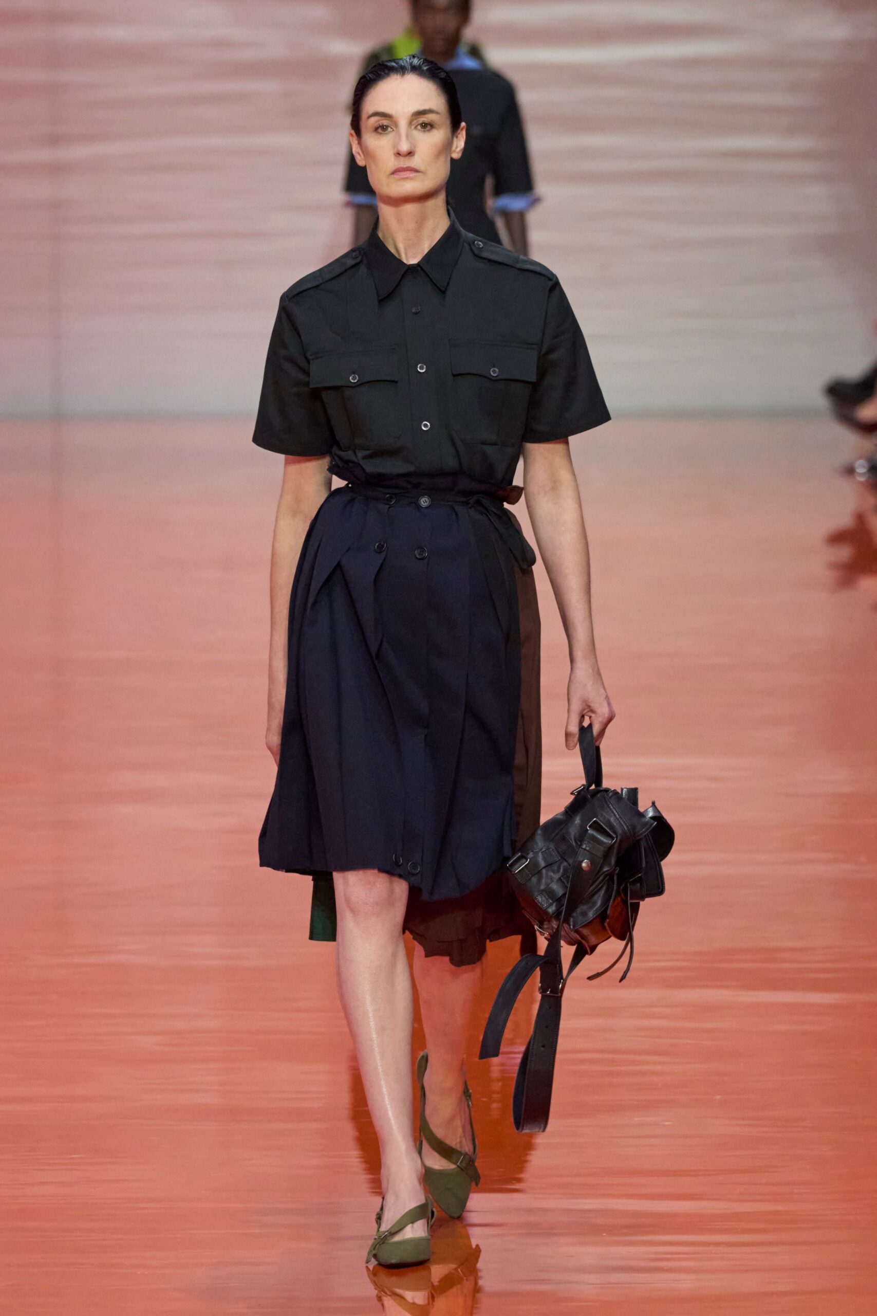 black cotton short-sleeve collared fitted buttoned belted shirt-dress