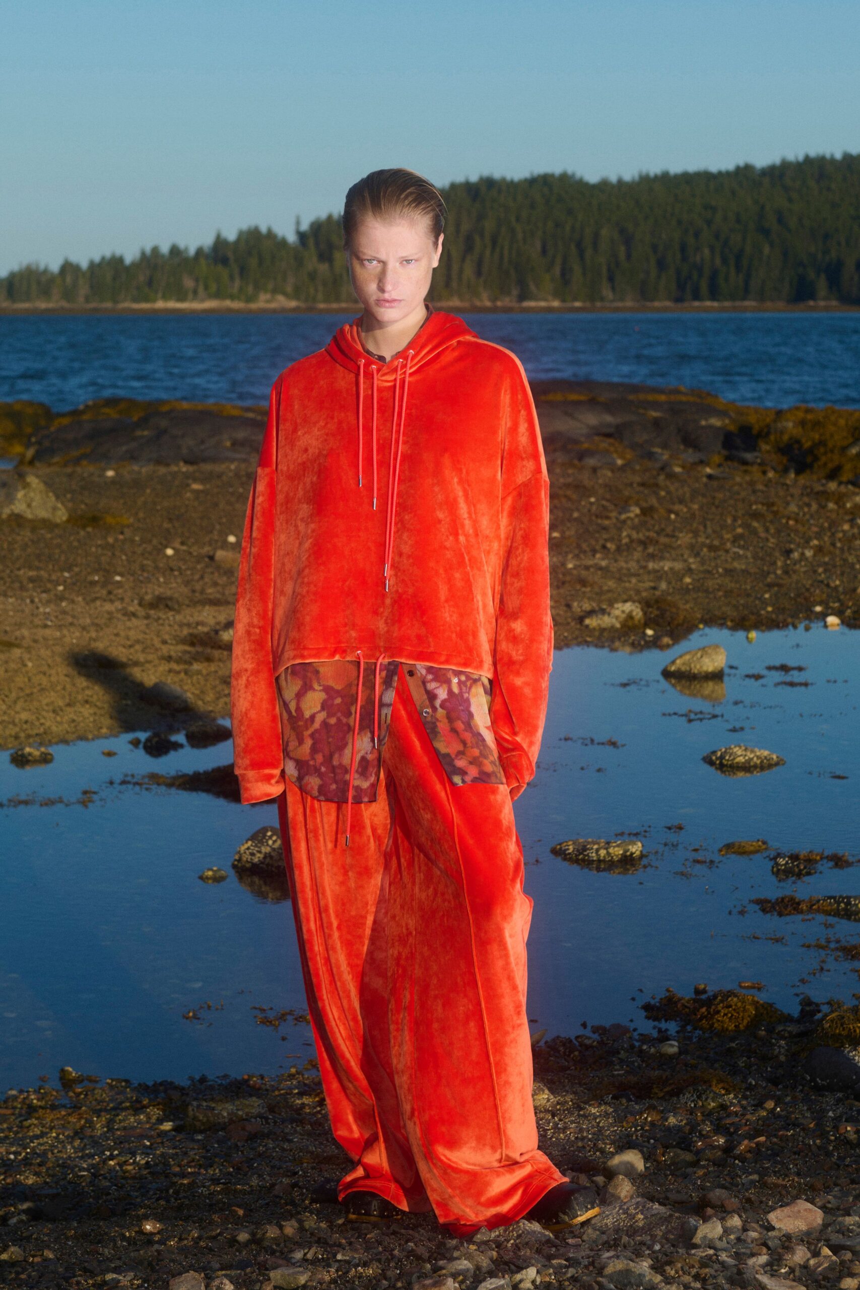 orange velvet hoodie and pants