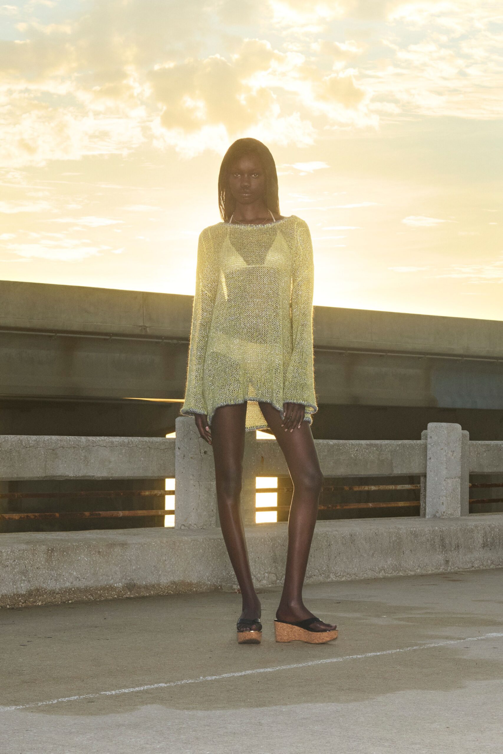 yellow cotton long-sleeve scoop-neck relaxed layered flowing dress