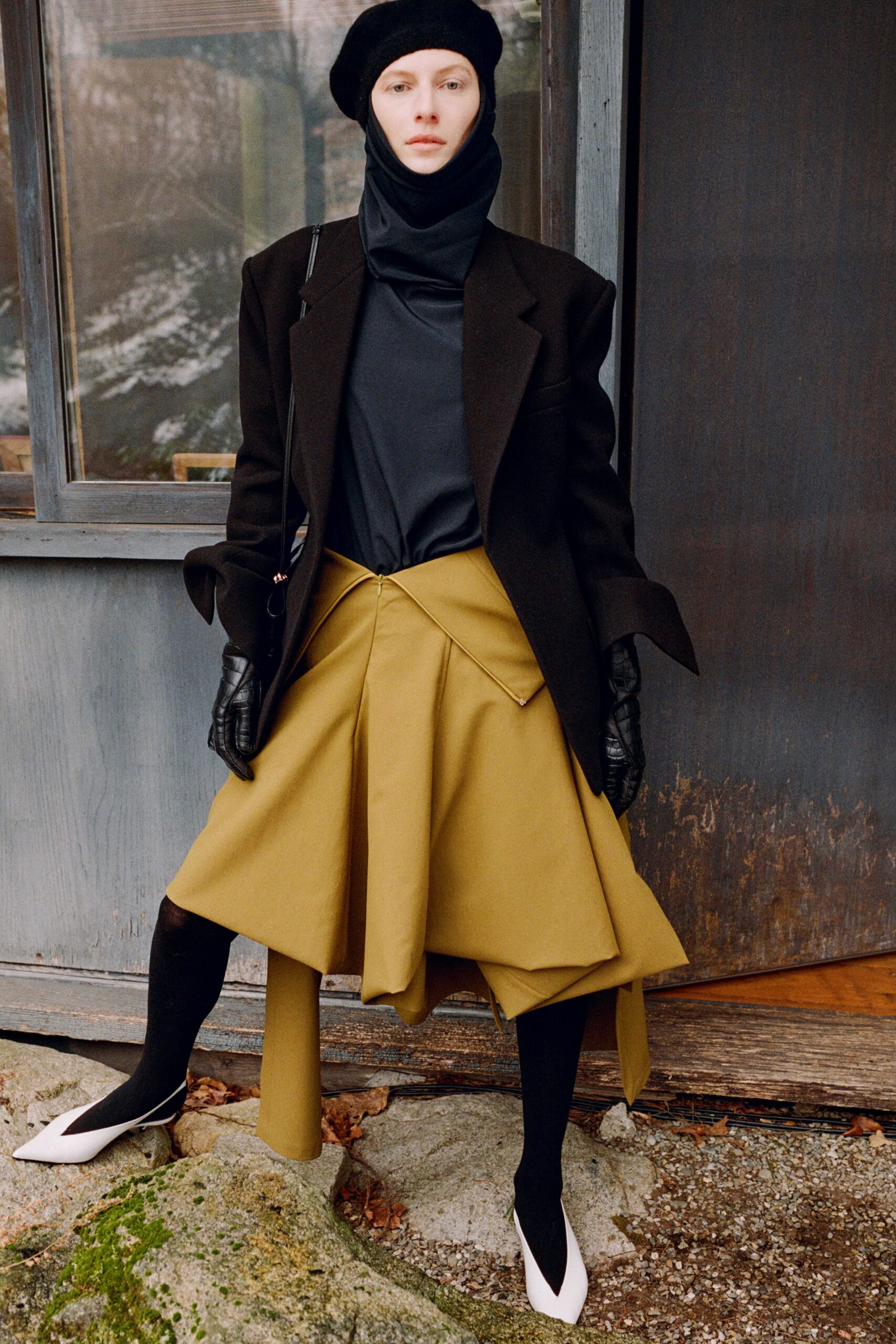yellow cotton relaxed pleated skirt