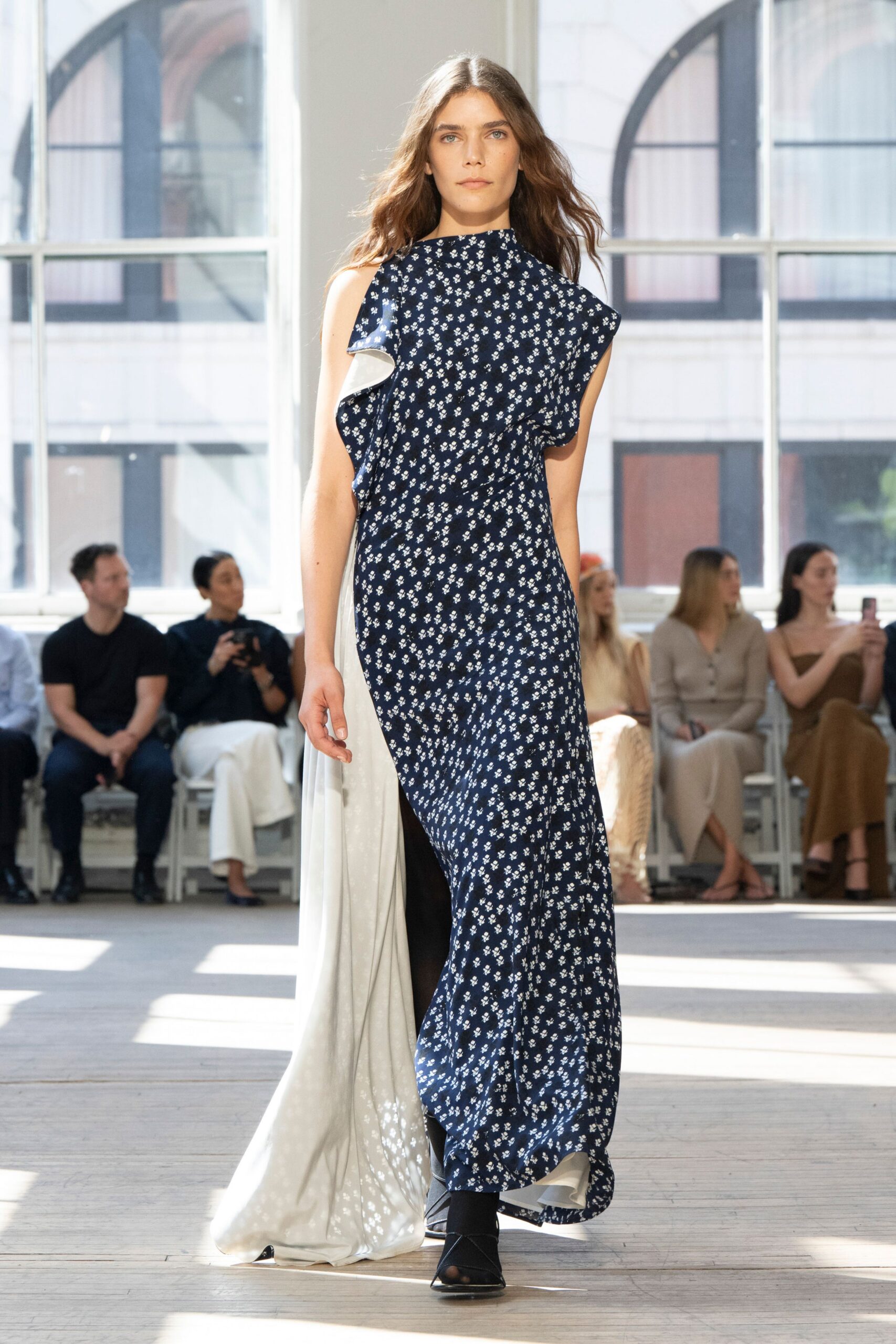 blue cotton sleeveless high-neck fitted printed maxi dress
