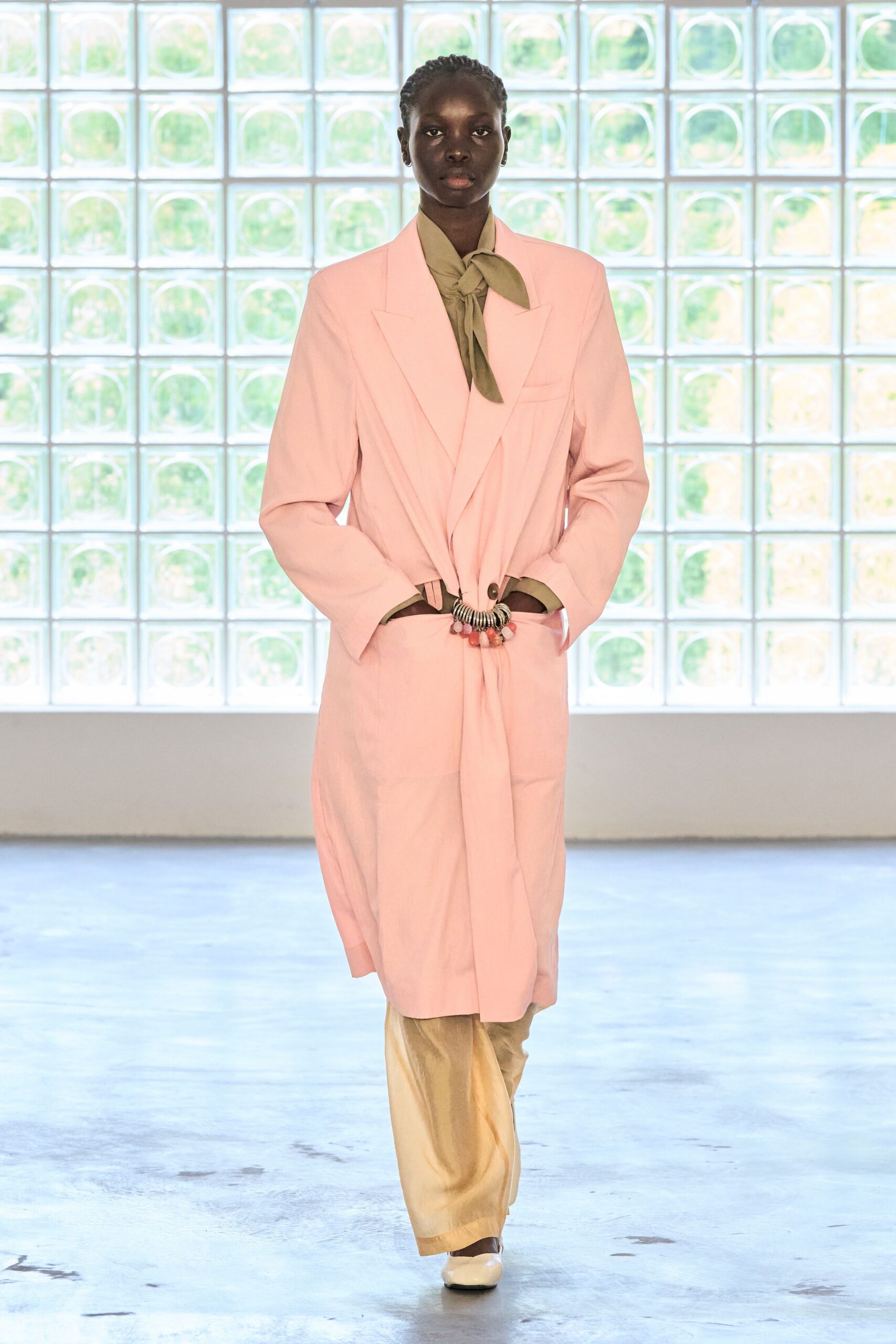 pink long-sleeve collared relaxed buttoned belted coat