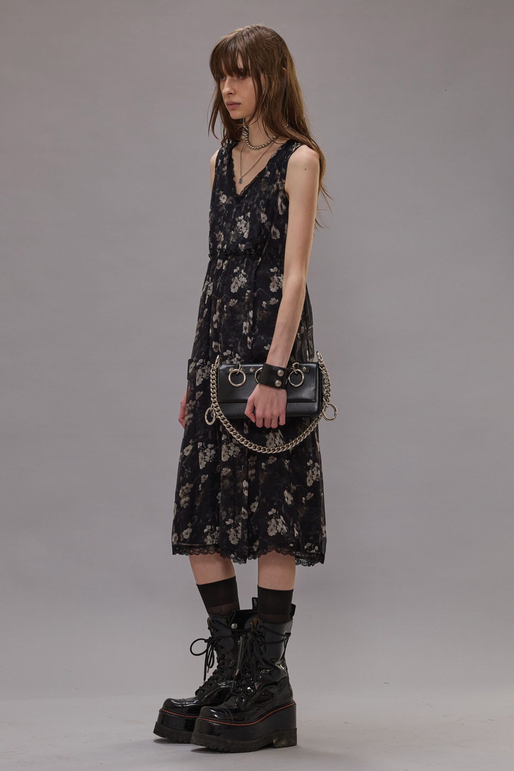 black floral midi dress with boots