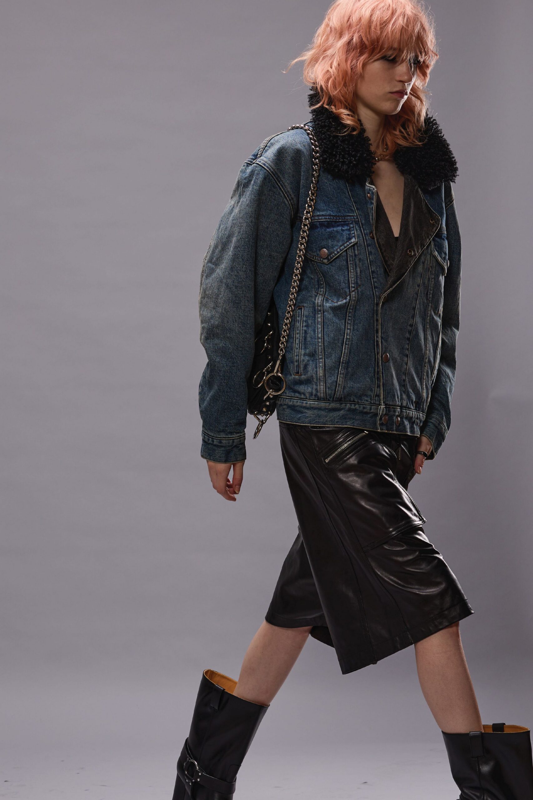 blue denim long-sleeve collared oversized fringed jacket