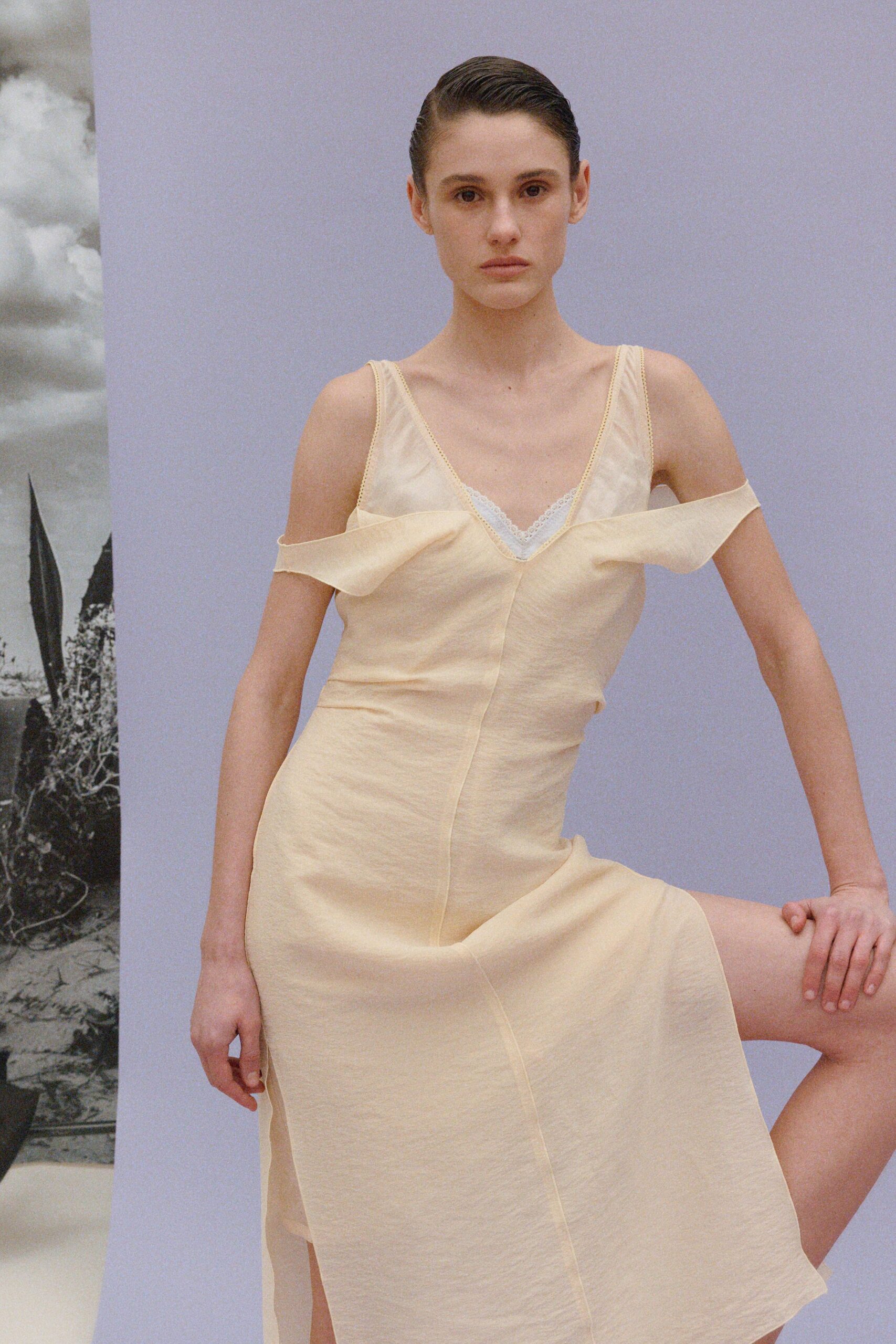 beige silk sleeveless dress