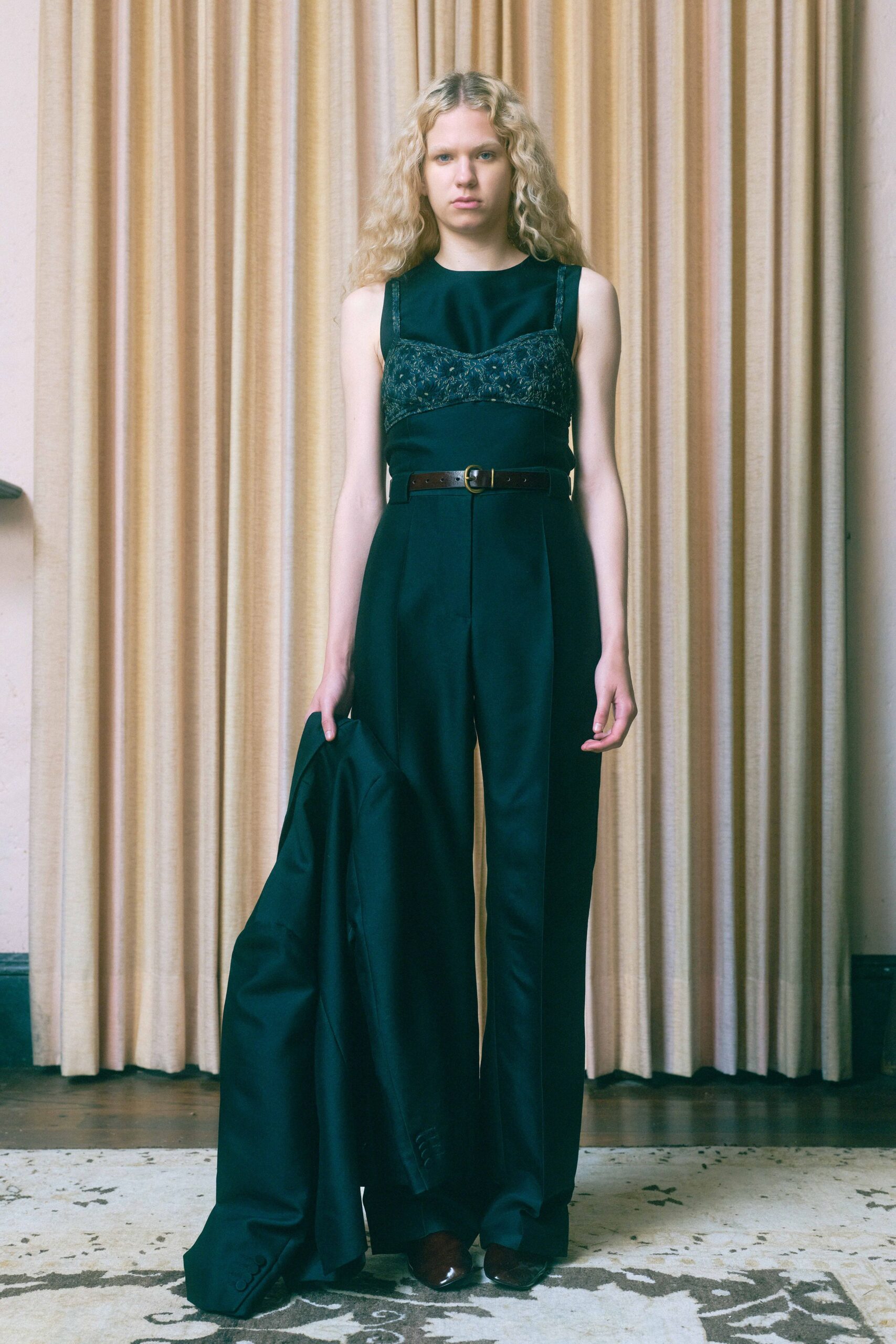 black silk sleeveless high-neck fitted embroidered wide-leg jumpsuit