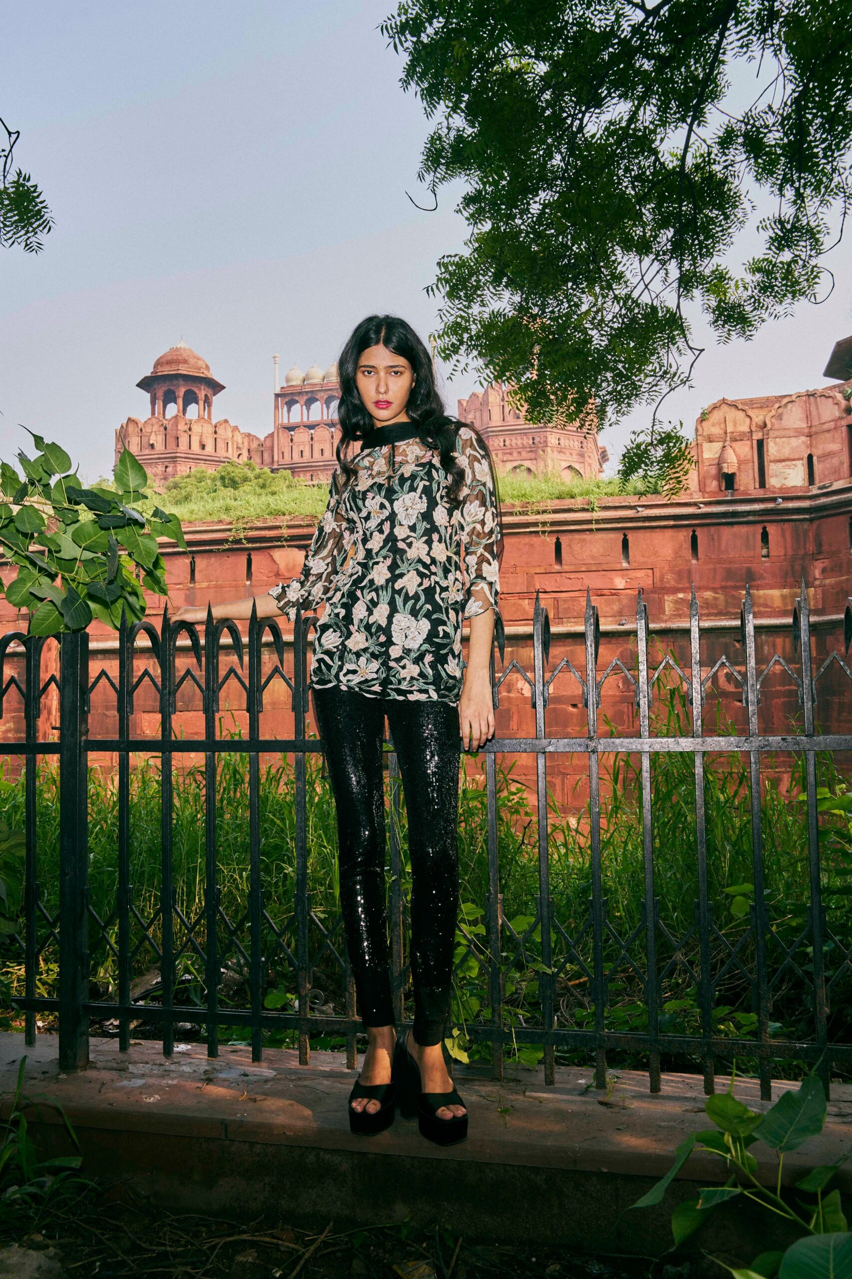 black lace long-sleeve v-neck fitted ruffled top