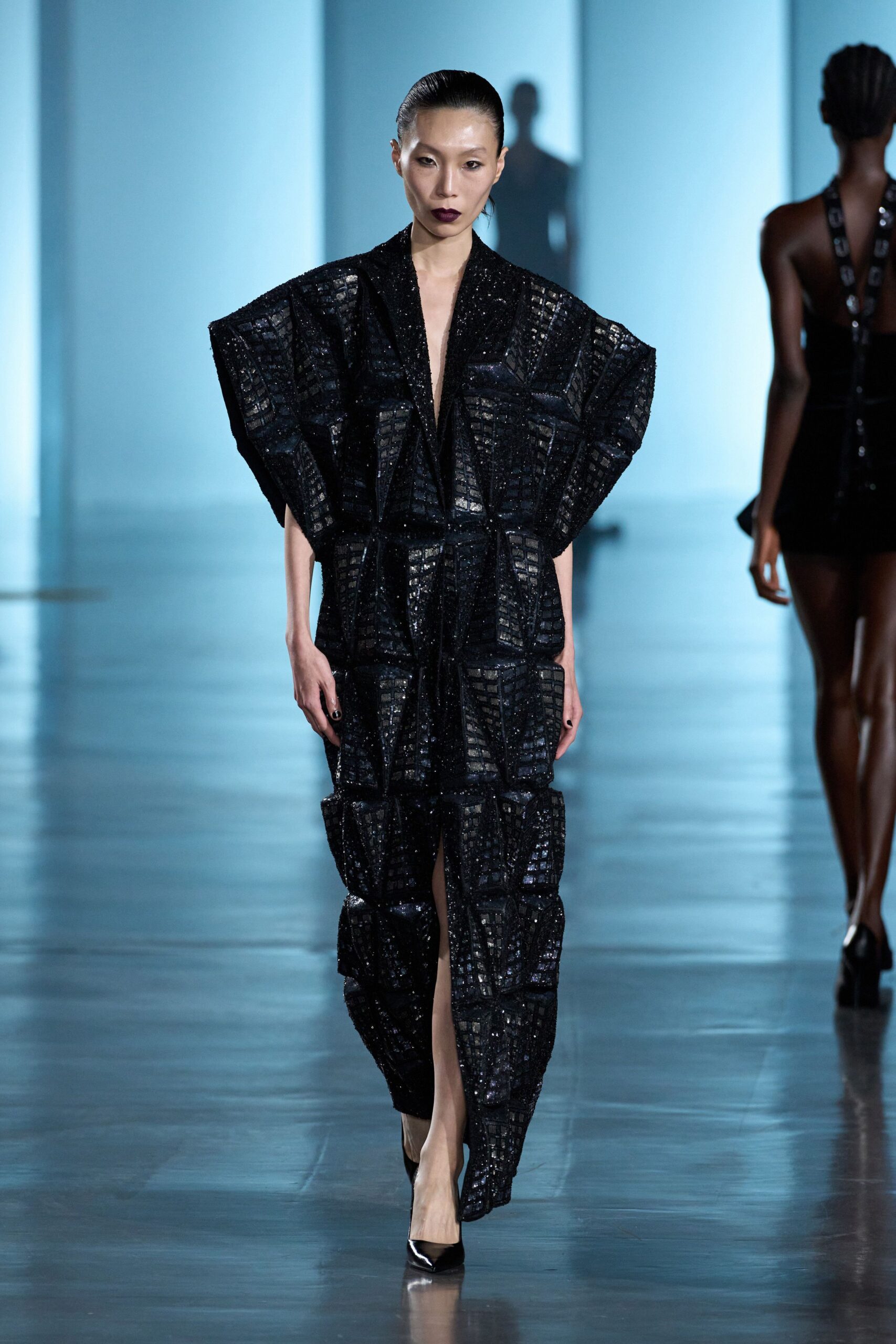 black silk pleated gown