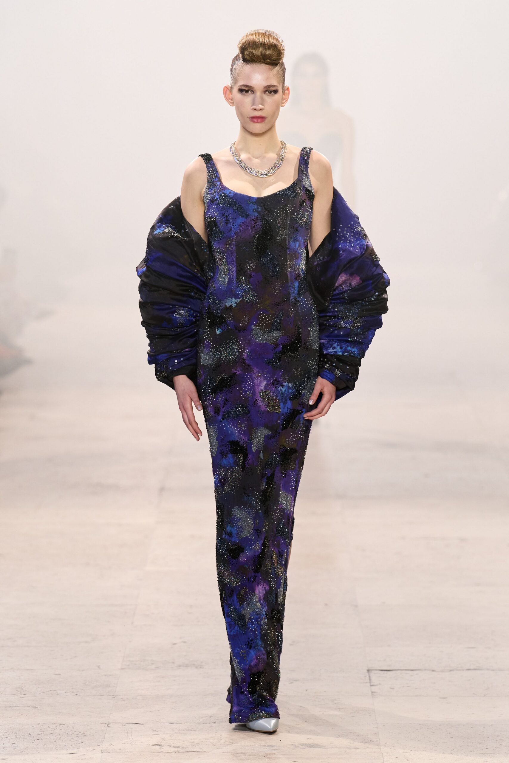 purple silk sleeveless fitted layered embellished shiny gown