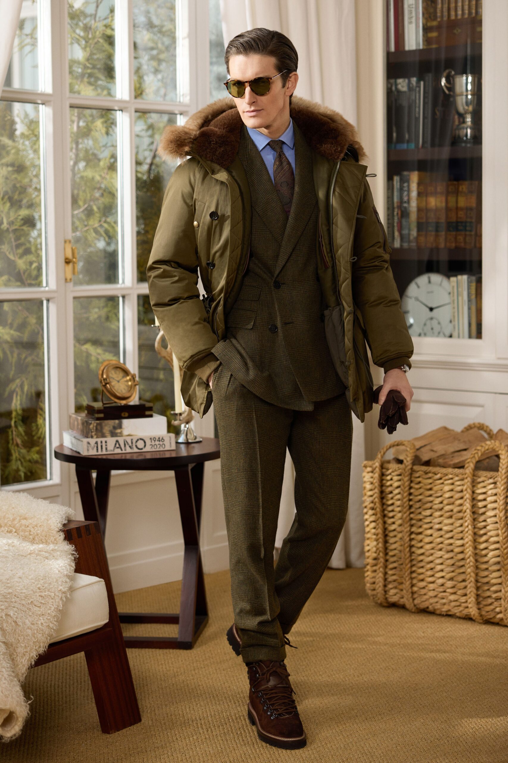 green faux-fur coat with brown suit