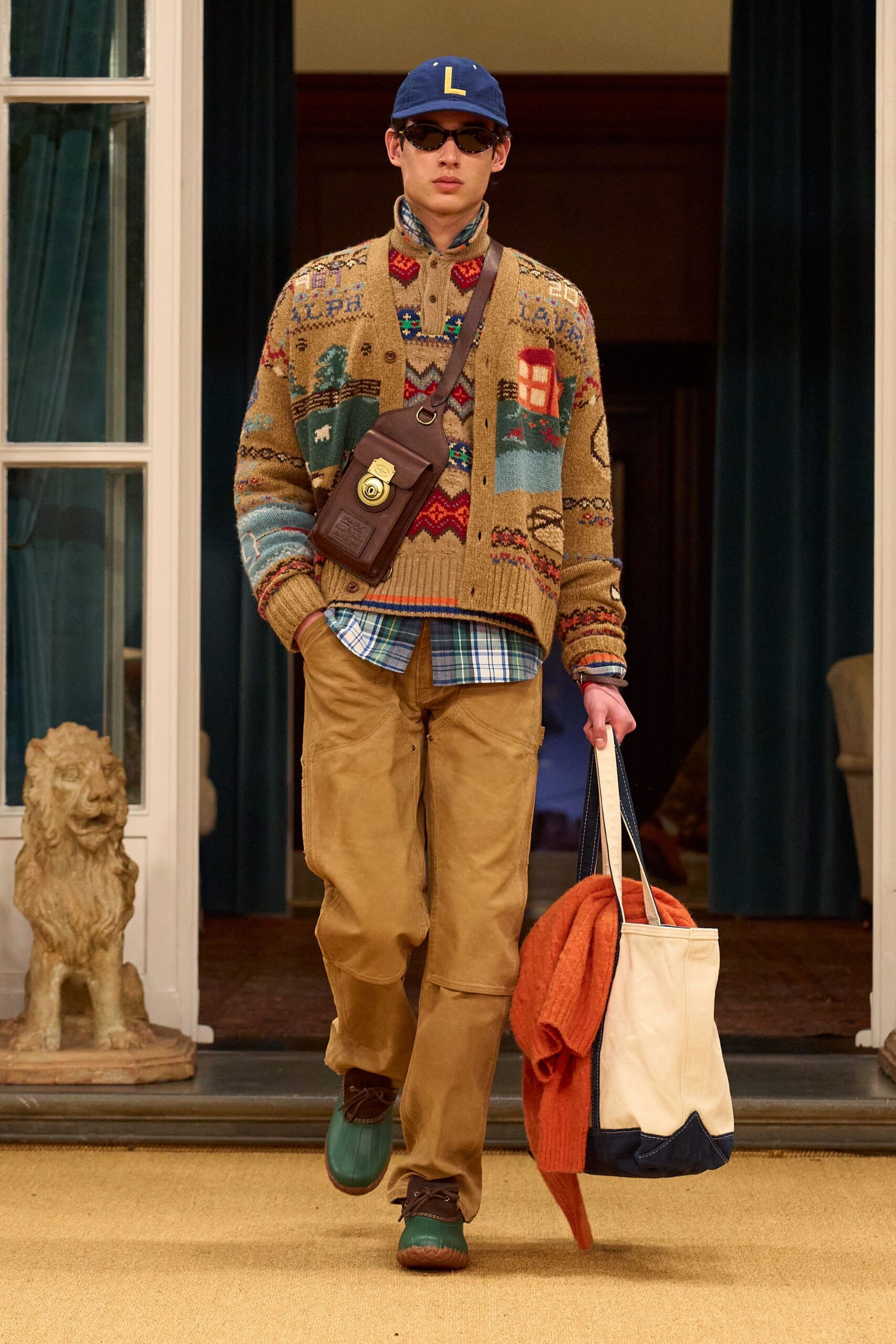 brown wool cardigan with checked shirt