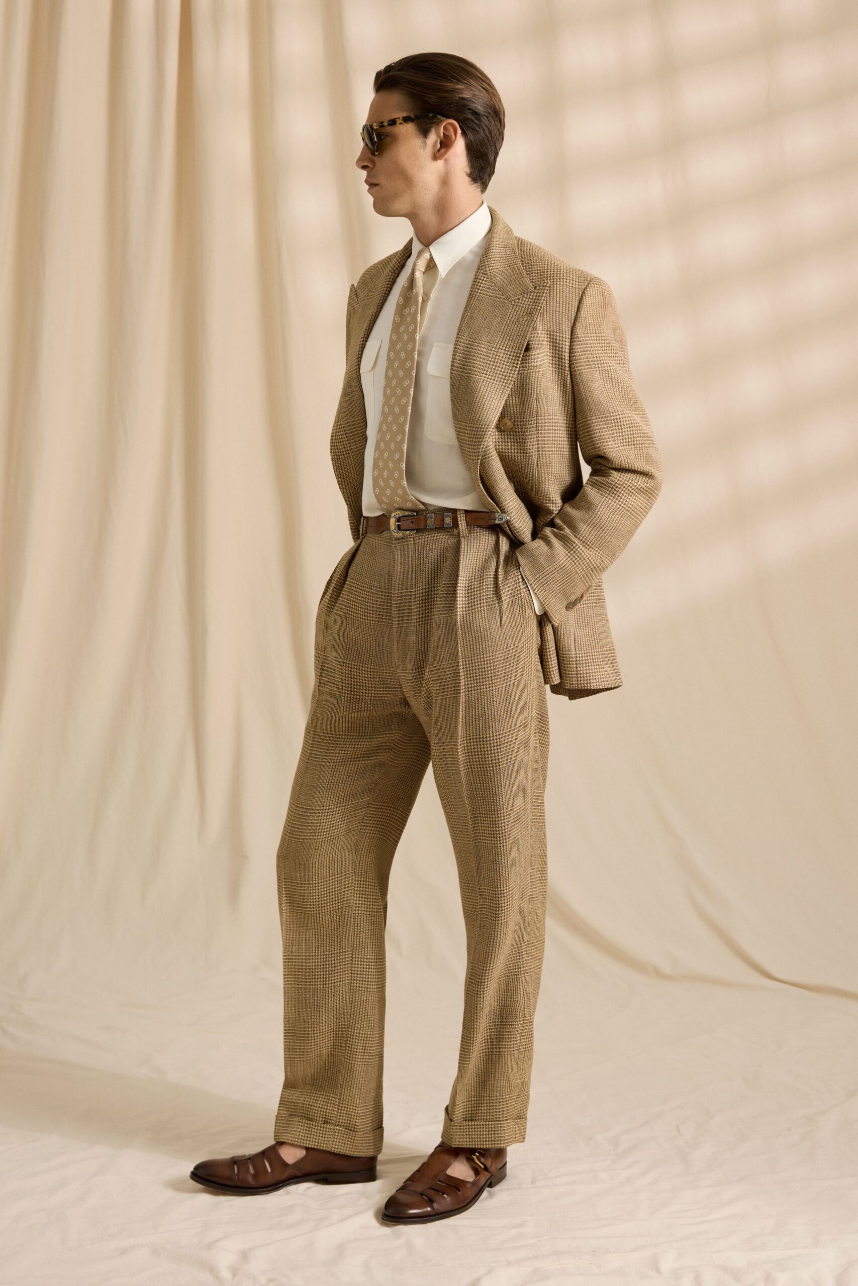 beige cotton long-sleeve collared tailored buttoned suit