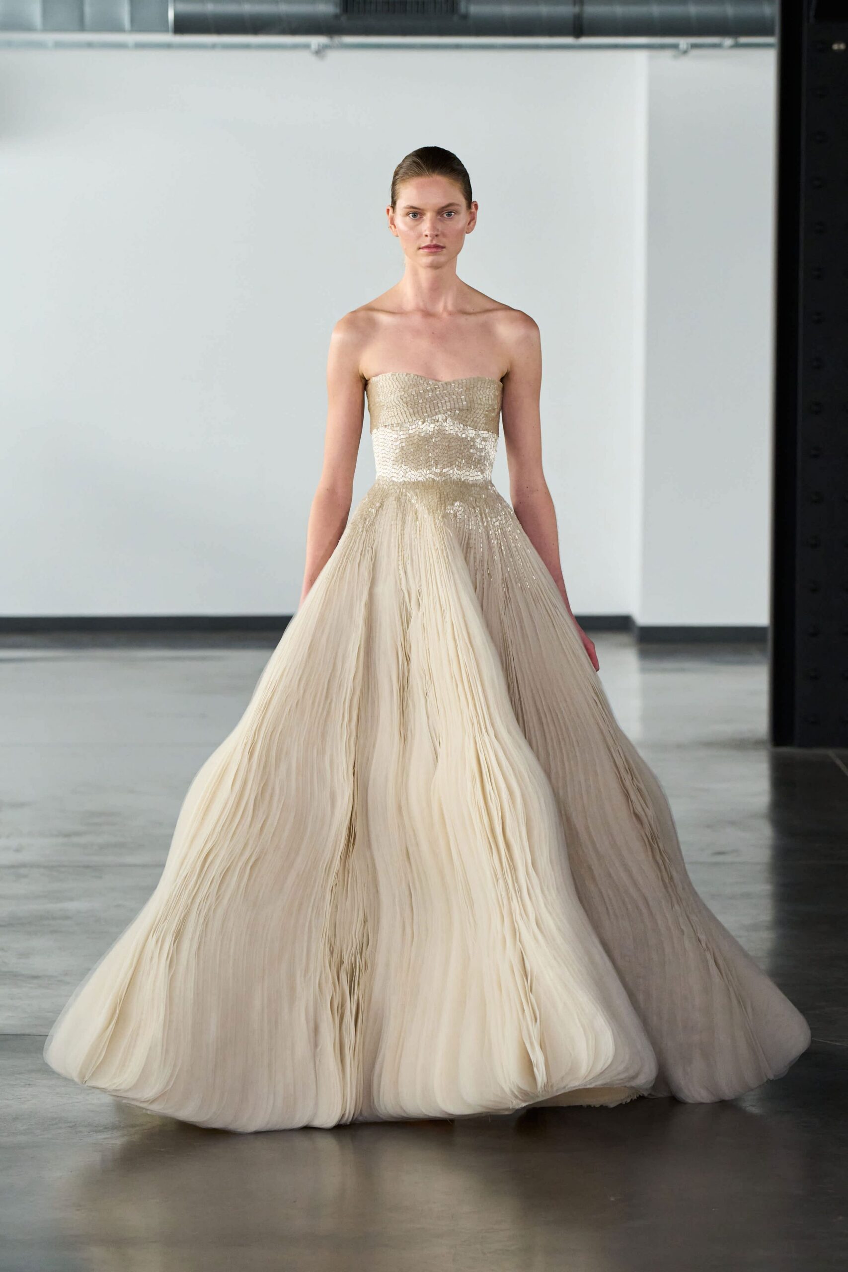 beige gold strapless pleated gown