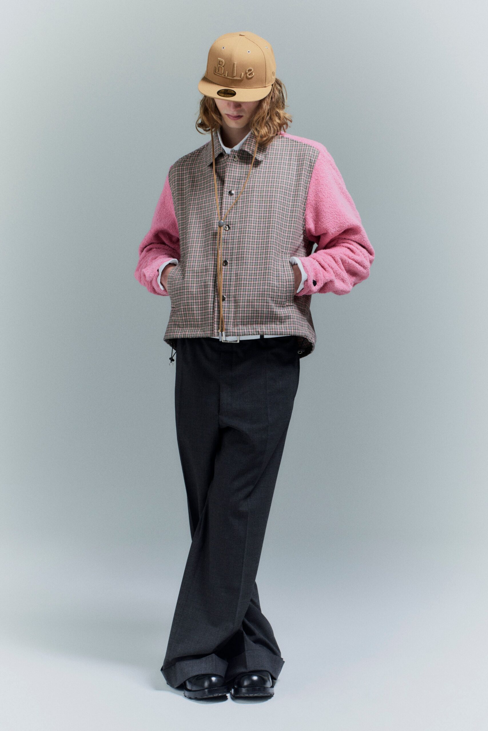 brown pink relaxed jacket with gray pants