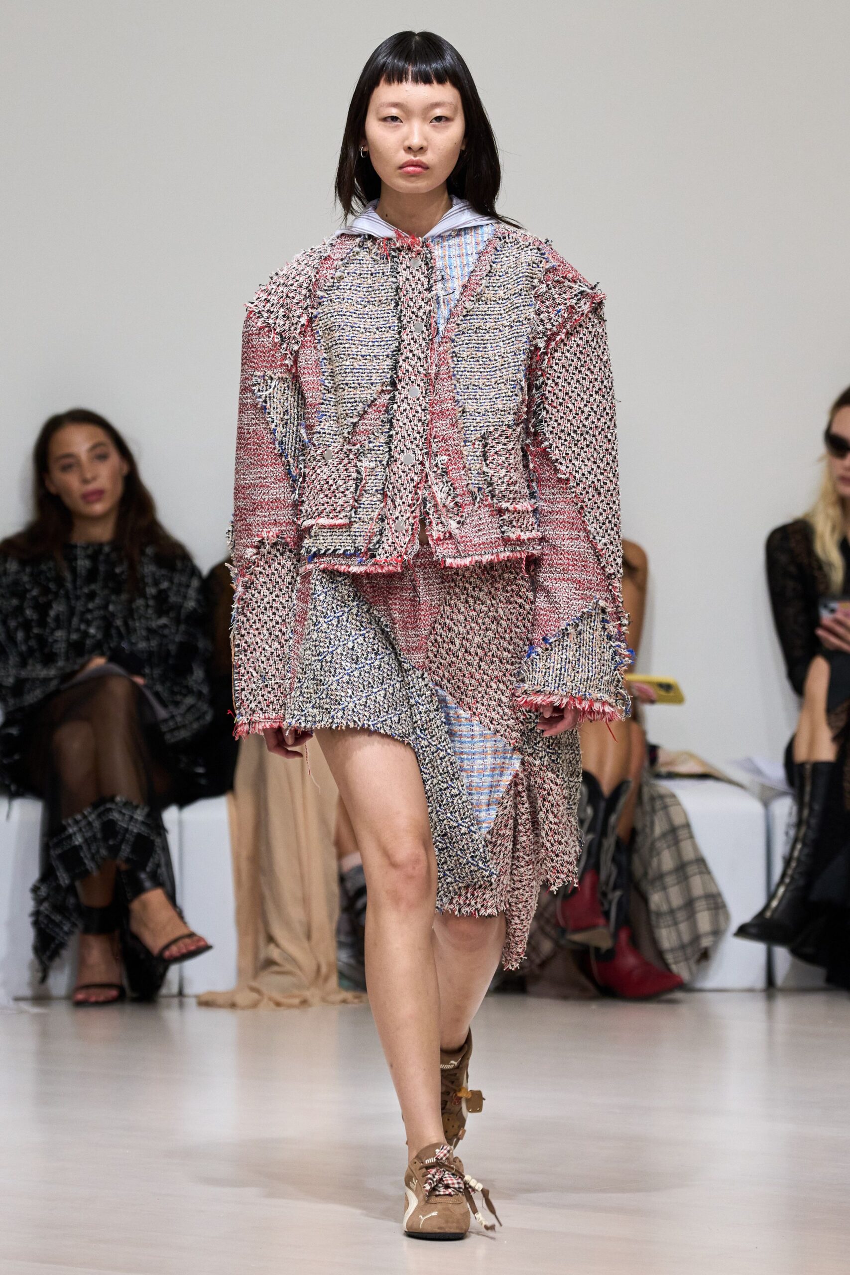 multi tweed long-sleeve collared relaxed fringed jacket