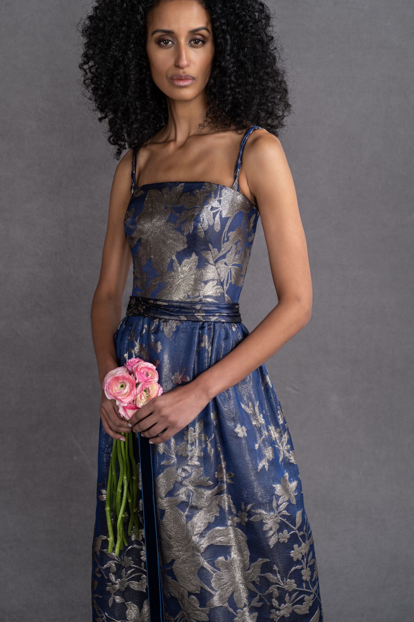 blue gold floral maxi dress