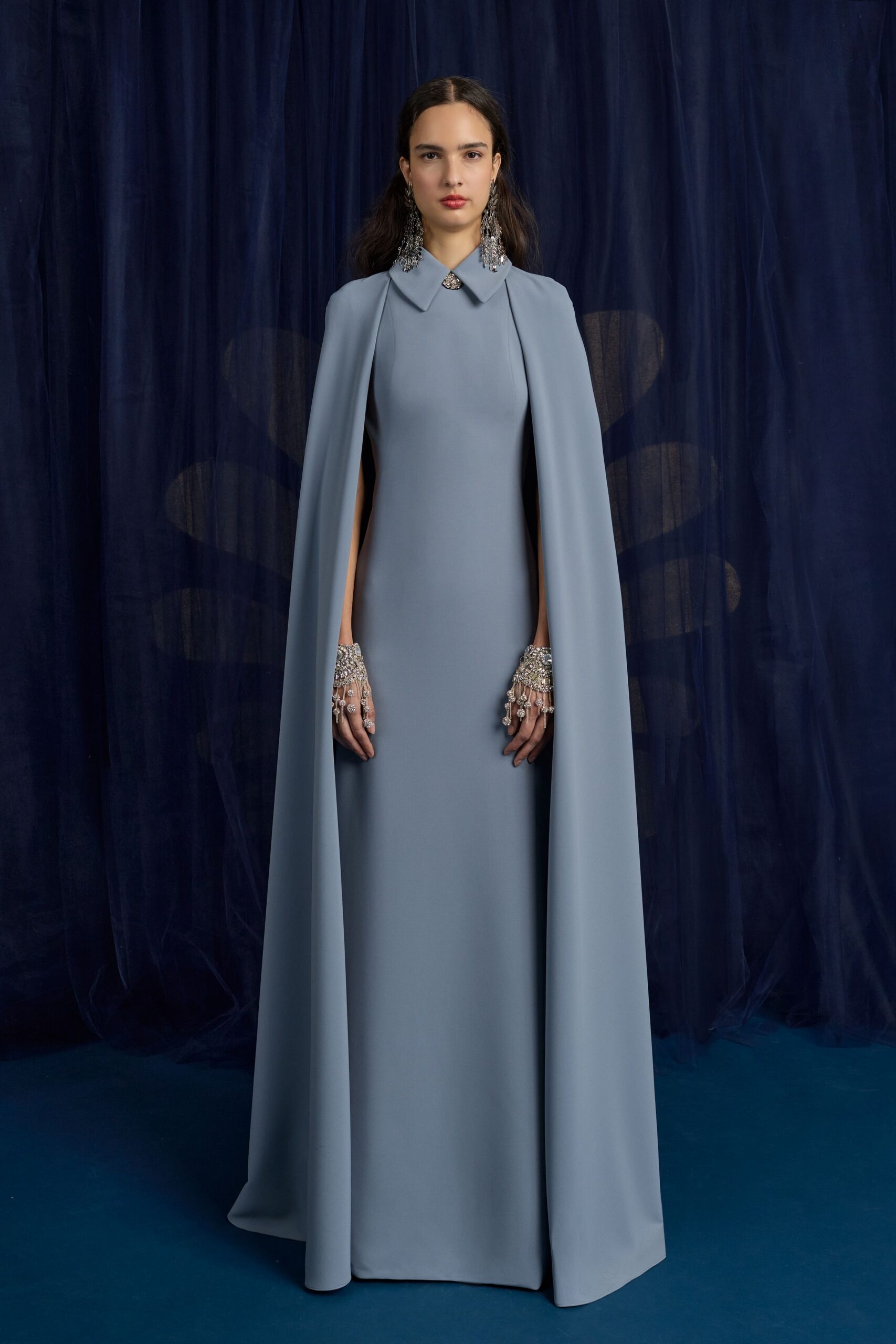 blue silk long-sleeve collared fitted layered maxi gown