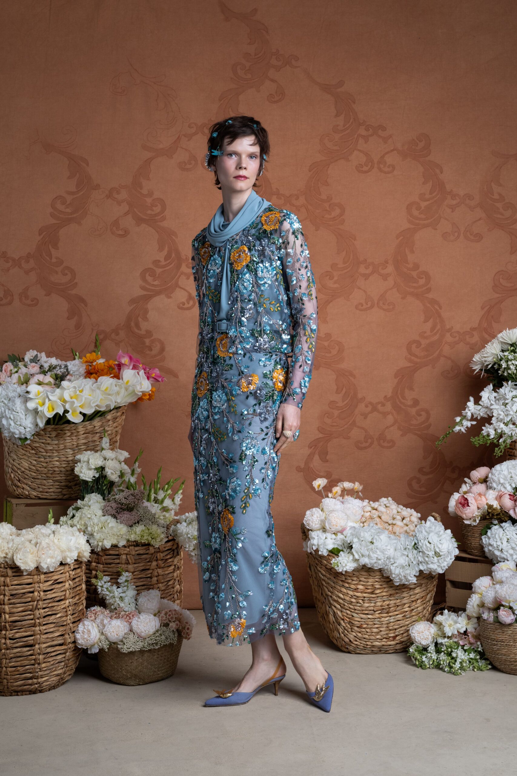 blue embroidered maxi gown with shoes