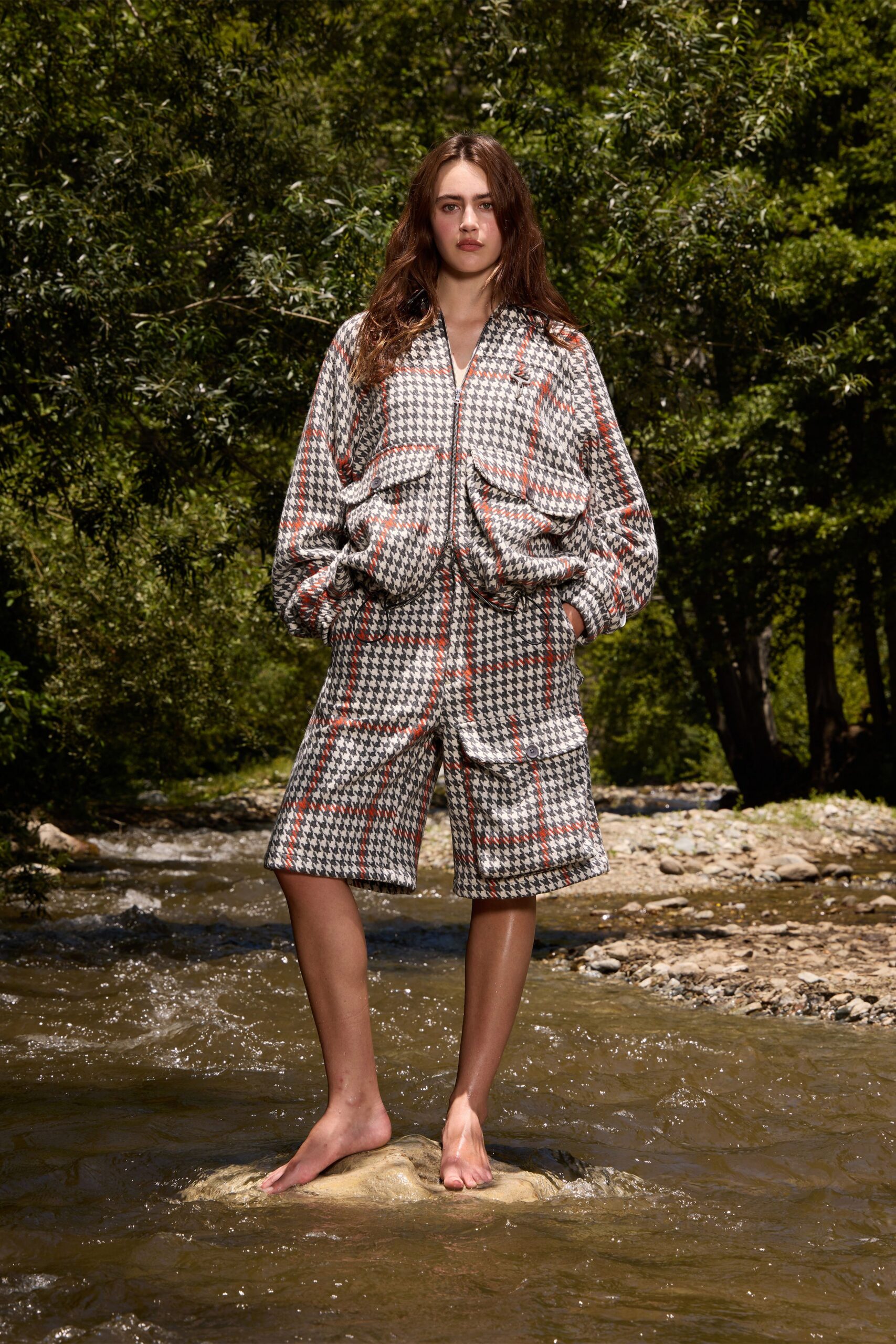 black cotton long-sleeve collared relaxed checked short jumpsuit
