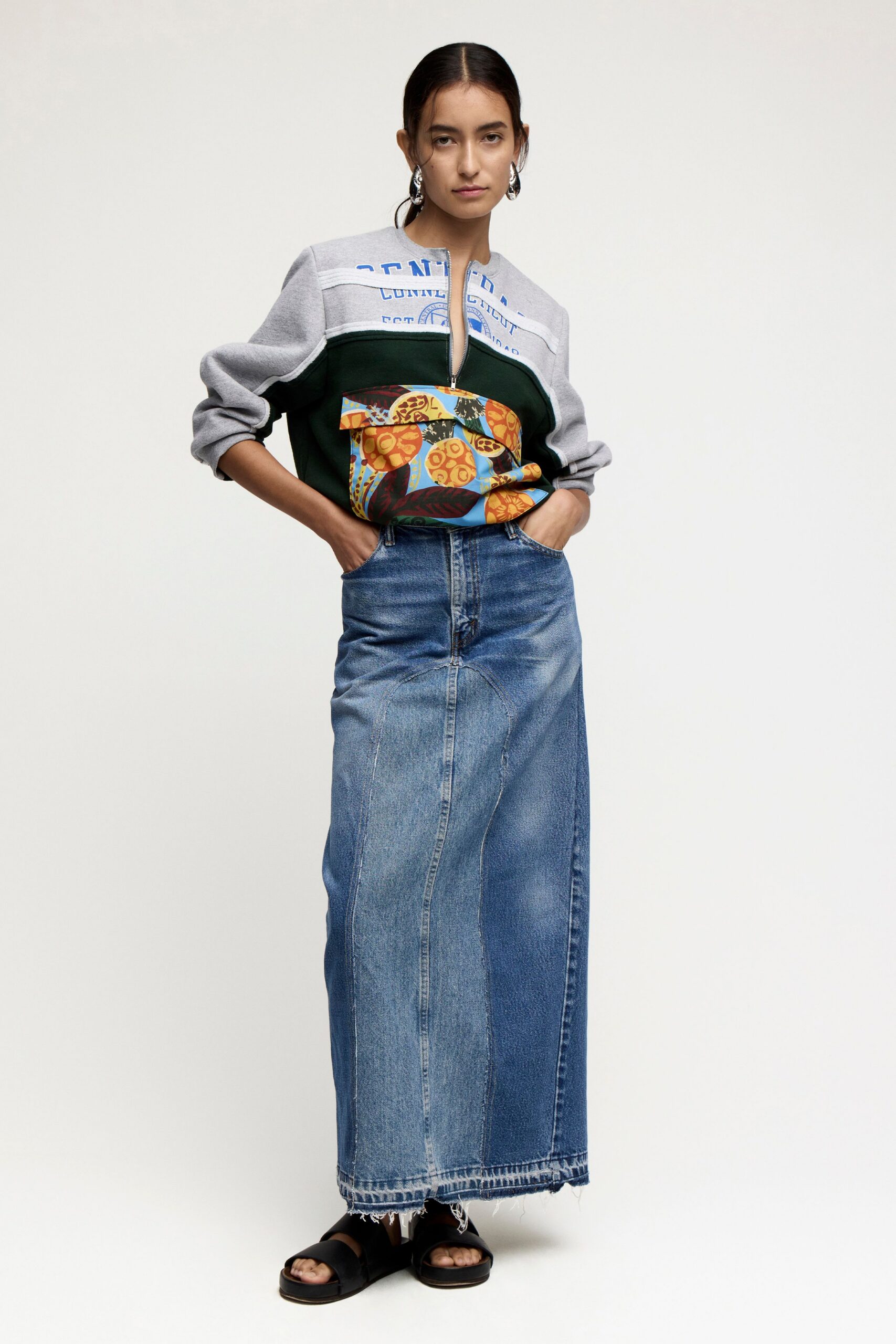 blue denim fitted straight-leg maxi skirt