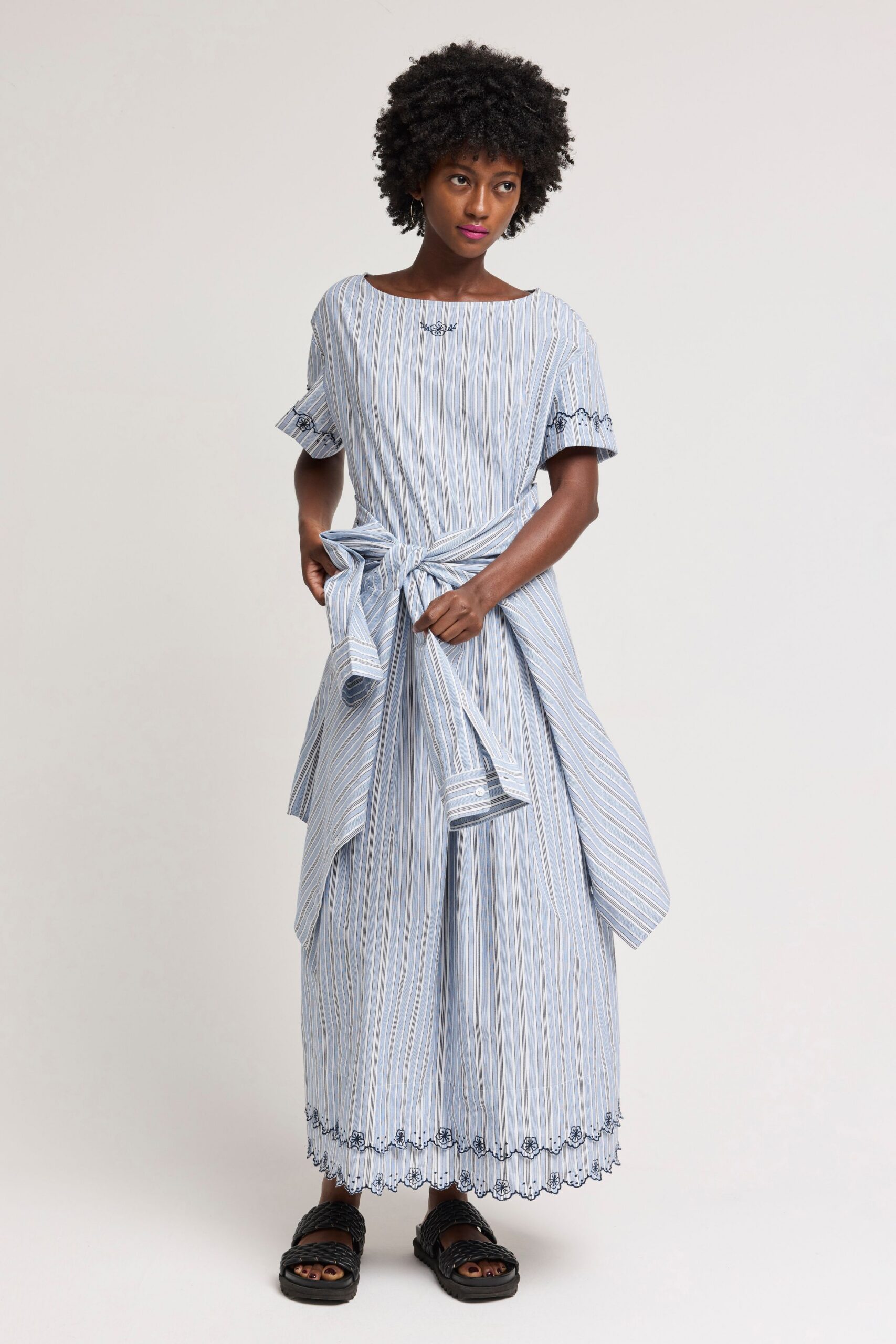 blue cotton short-sleeve square-neck relaxed striped tiered dress