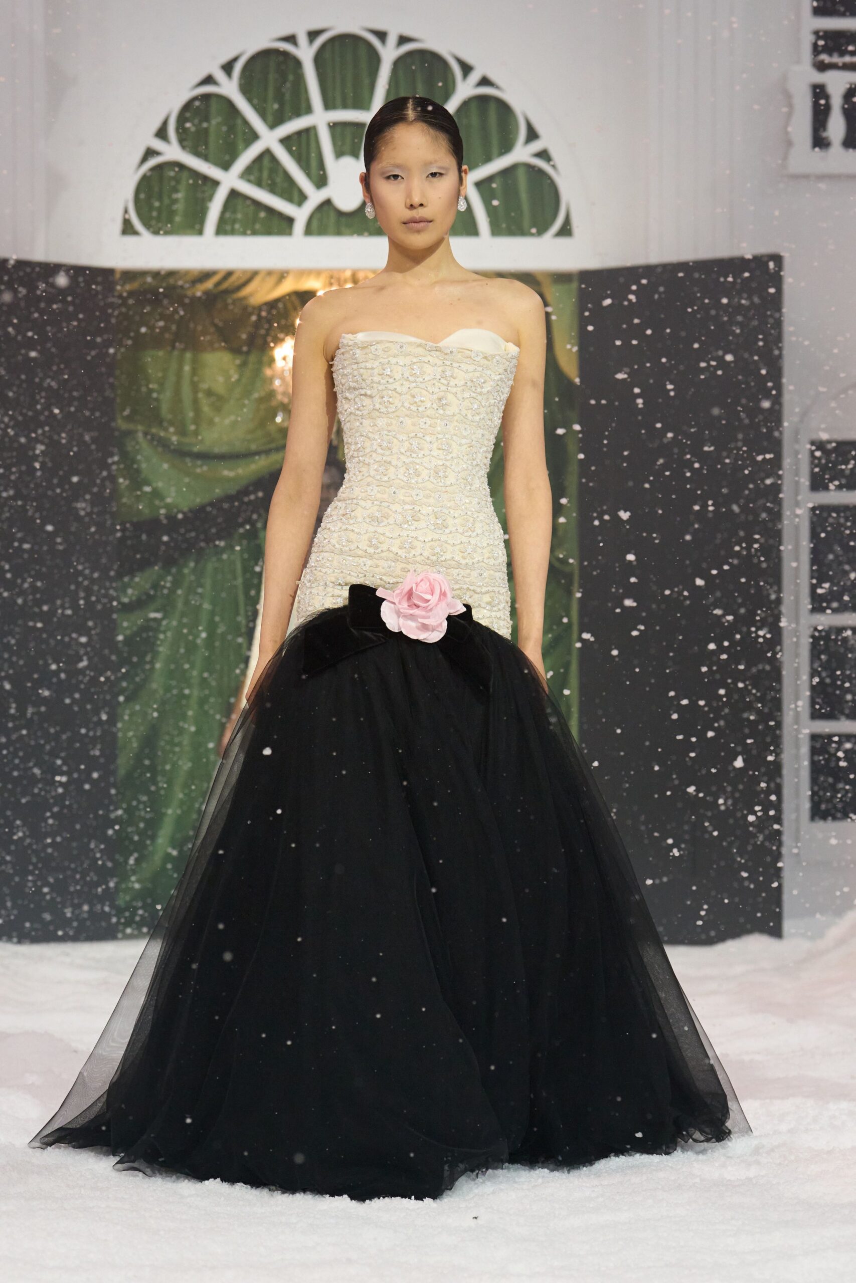 black and white strapless gown