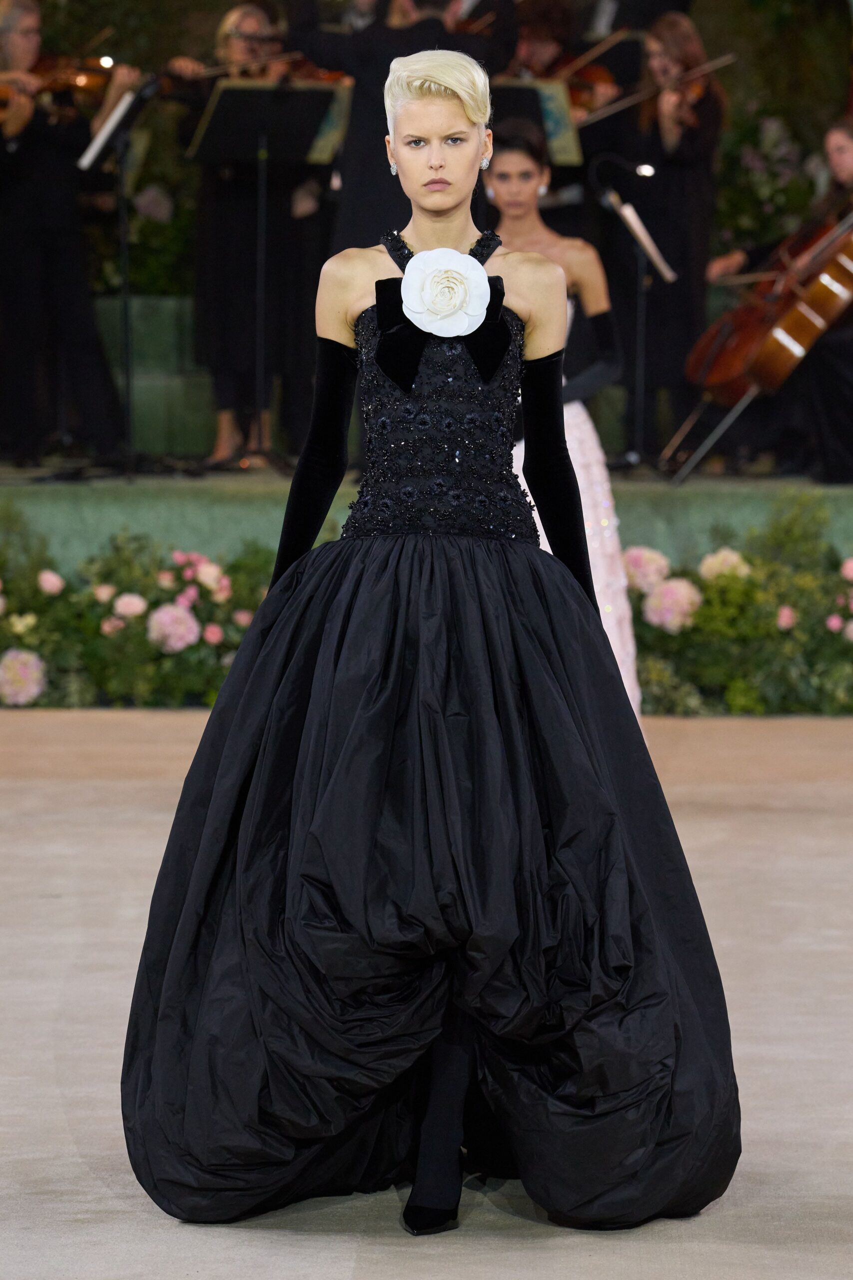 black silk strapless gown with gloves