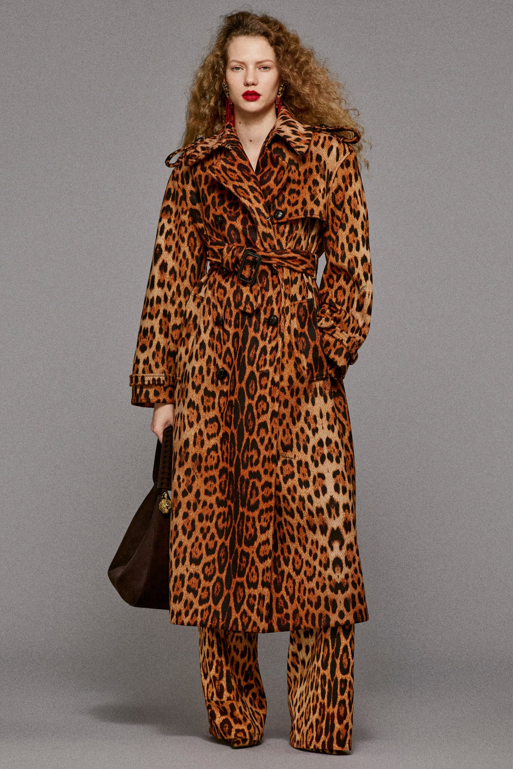 brown velvet long-sleeve collared fitted belted animal-print coat