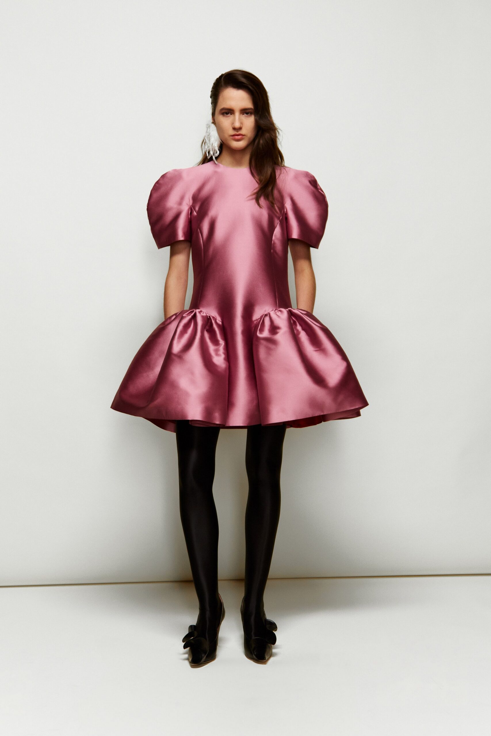 pink satin short-sleeve collared fitted pleated padded dress