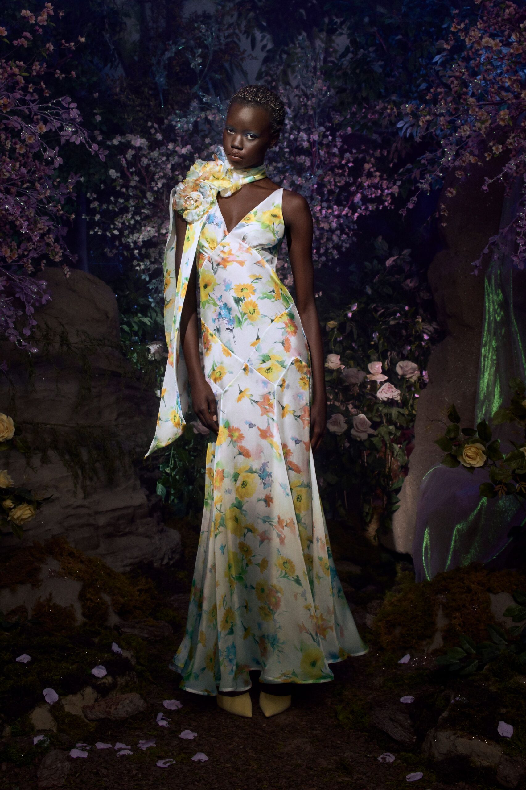 white silk sleeveless v-neck fitted floral tiered gown