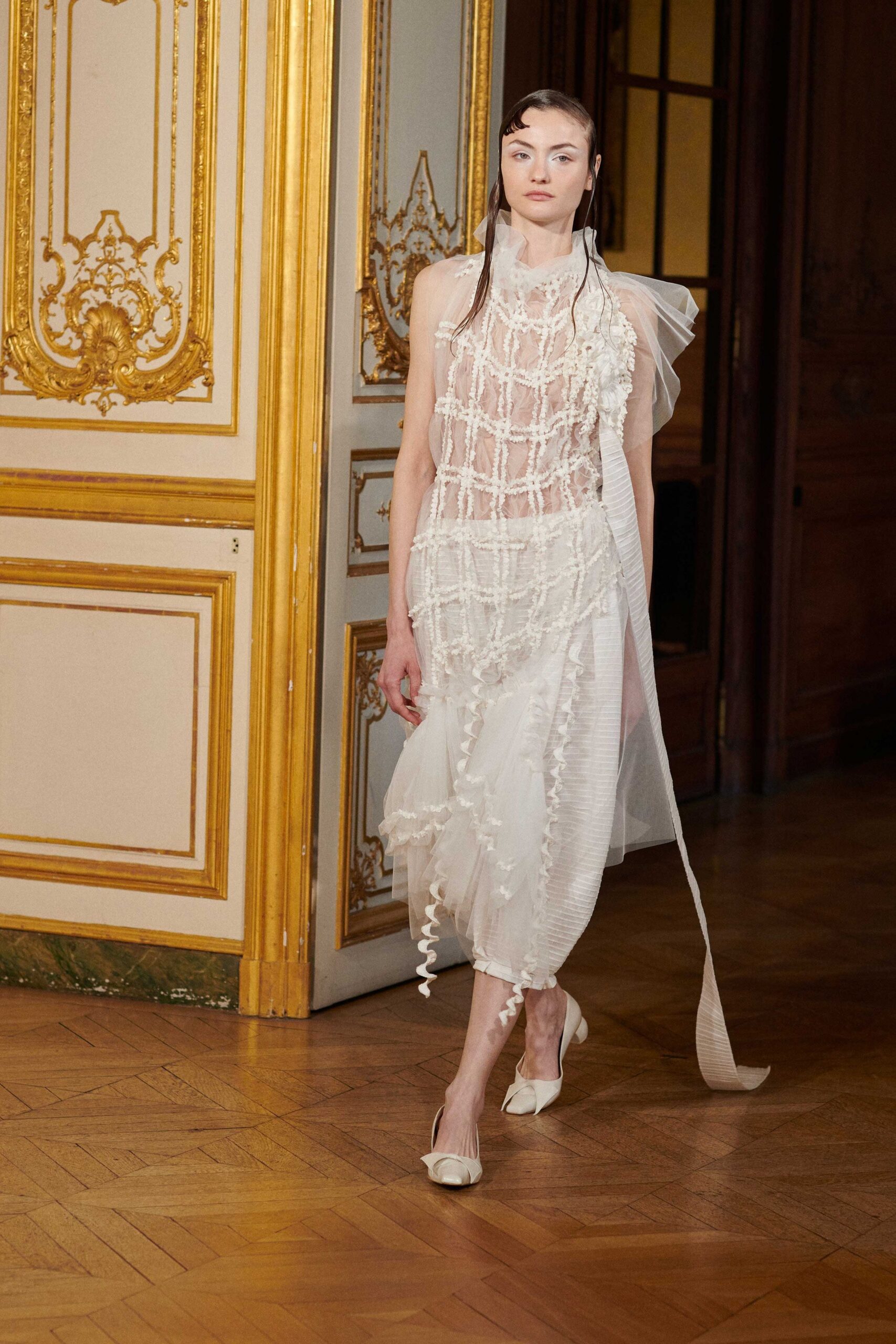 white silk sleeveless high-neck fitted ruffled layered dress