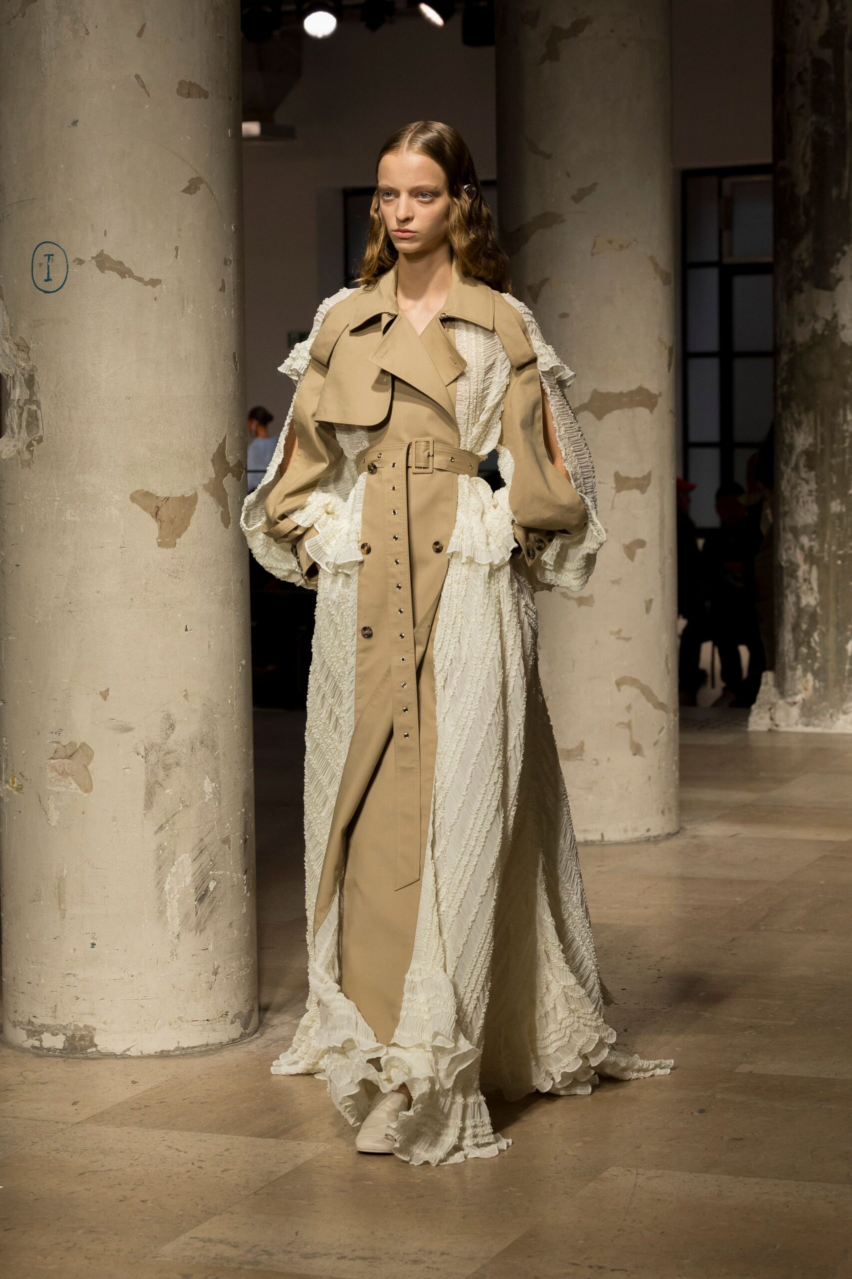 beige cotton long-sleeve collared fitted buttoned pleated dress