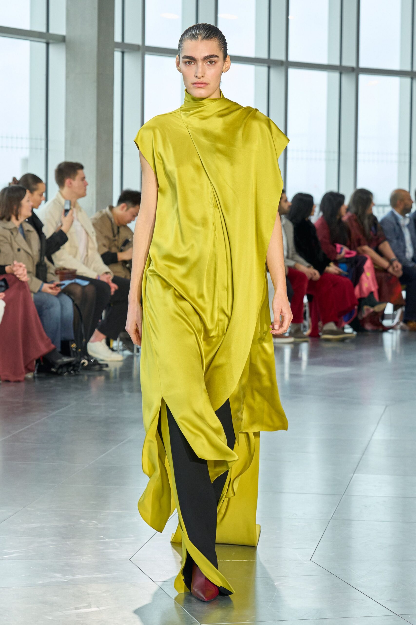 yellow silk sleeveless high-neck relaxed draped flowing dress