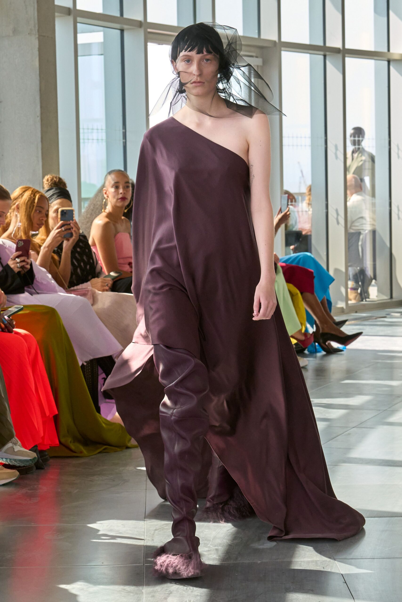 purple silk off-shoulder gown