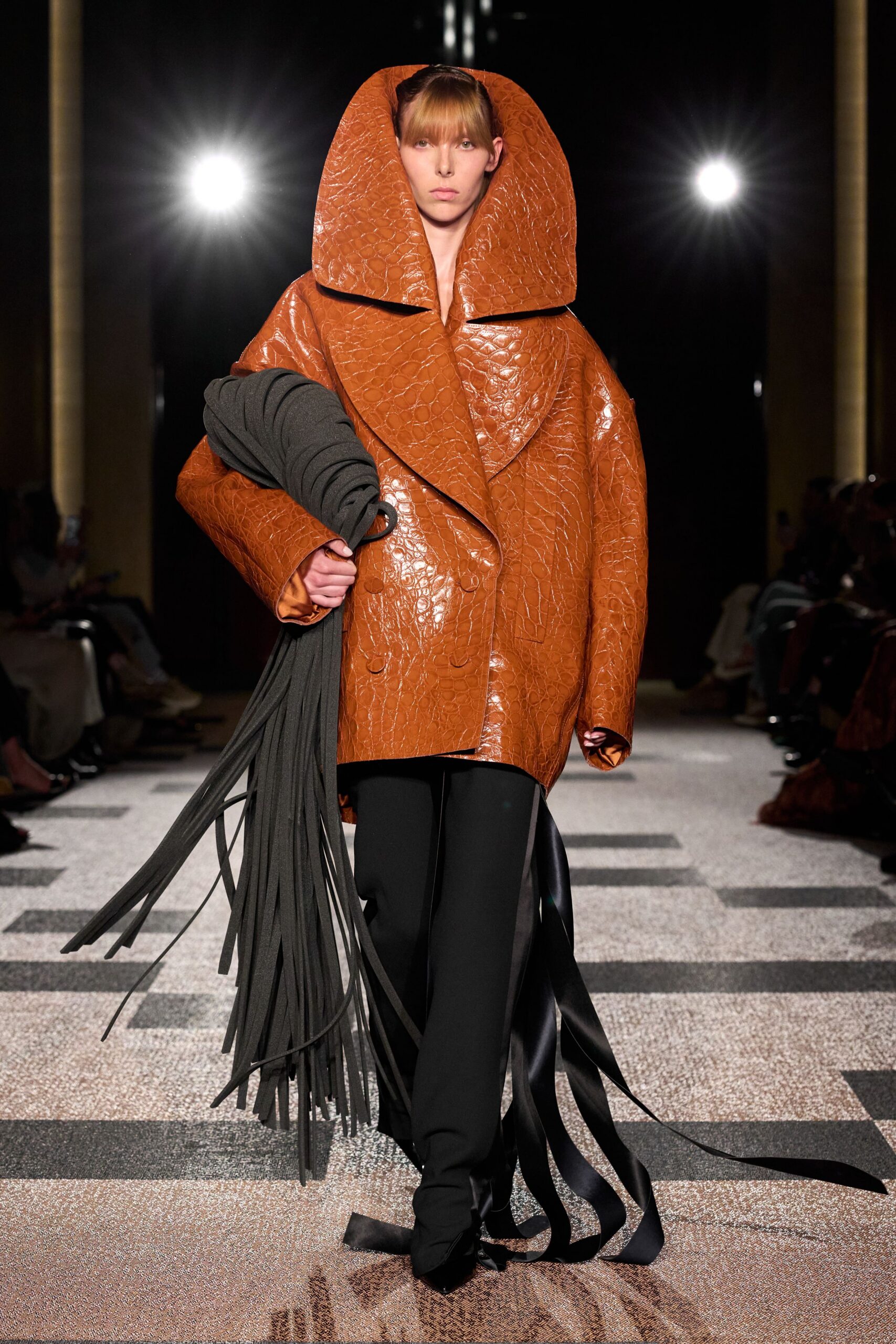 brown leather long-sleeve collared oversized textured coat