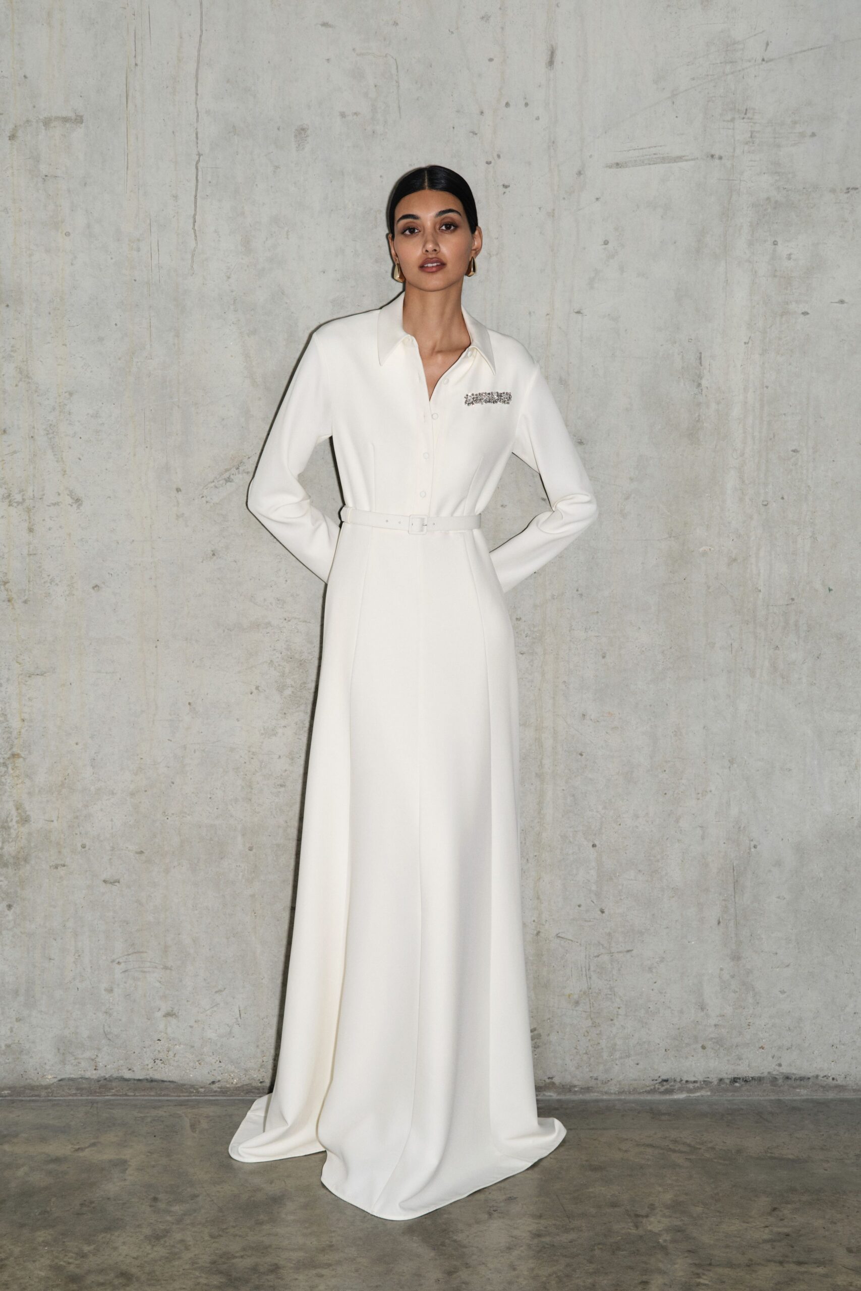 white fitted long-sleeve gown