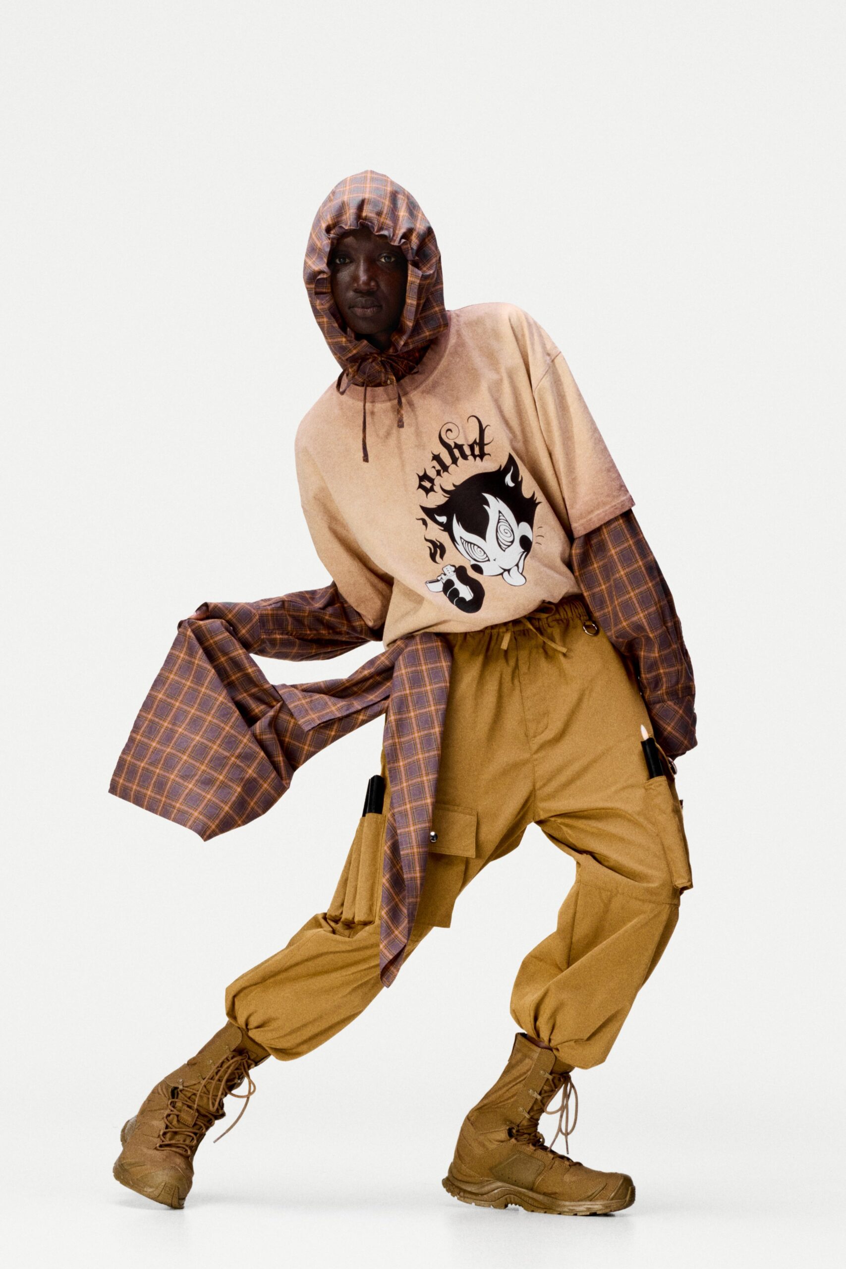 beige hoodie with checked shirt and cargo pants
