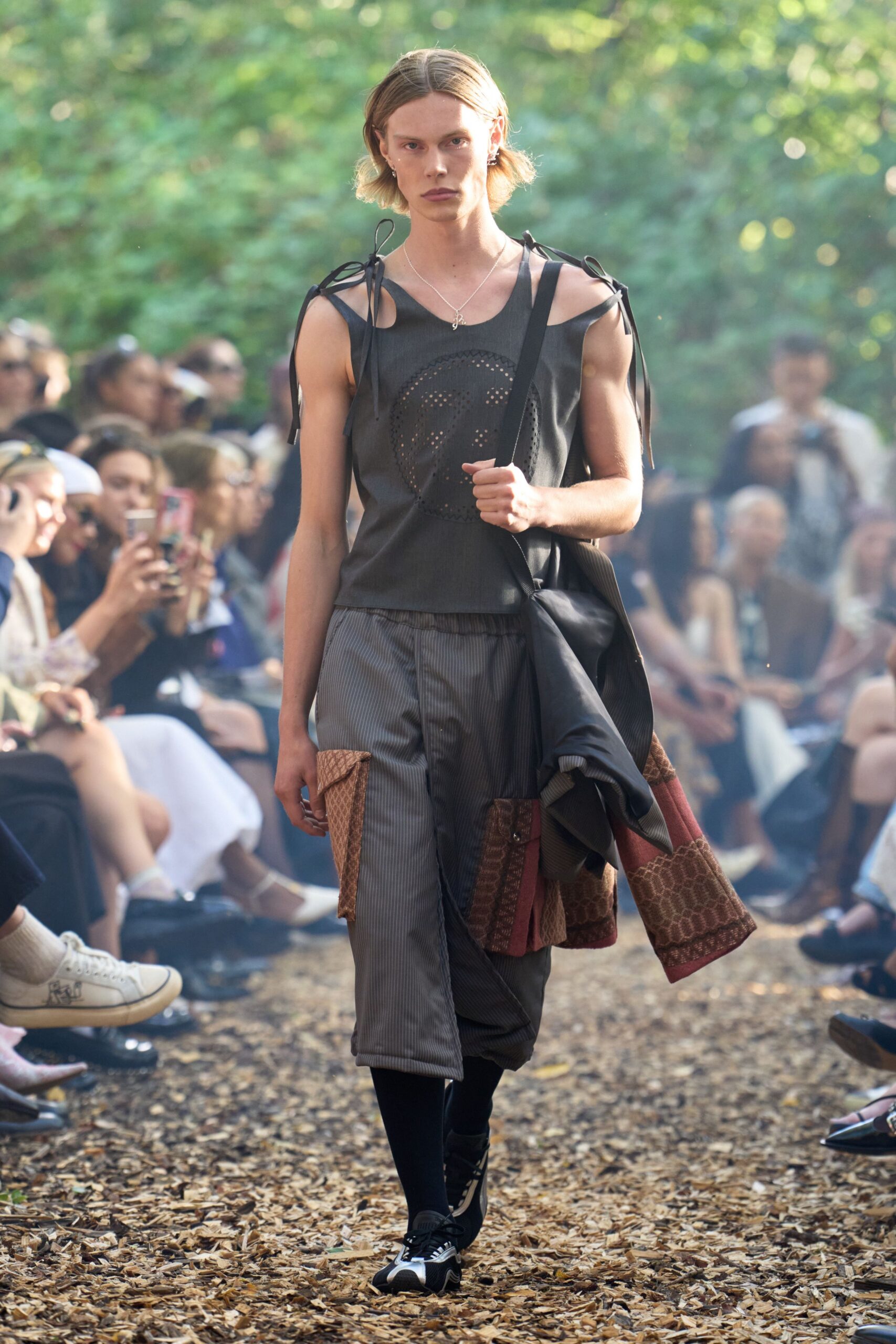 black fitted top gray relaxed pants