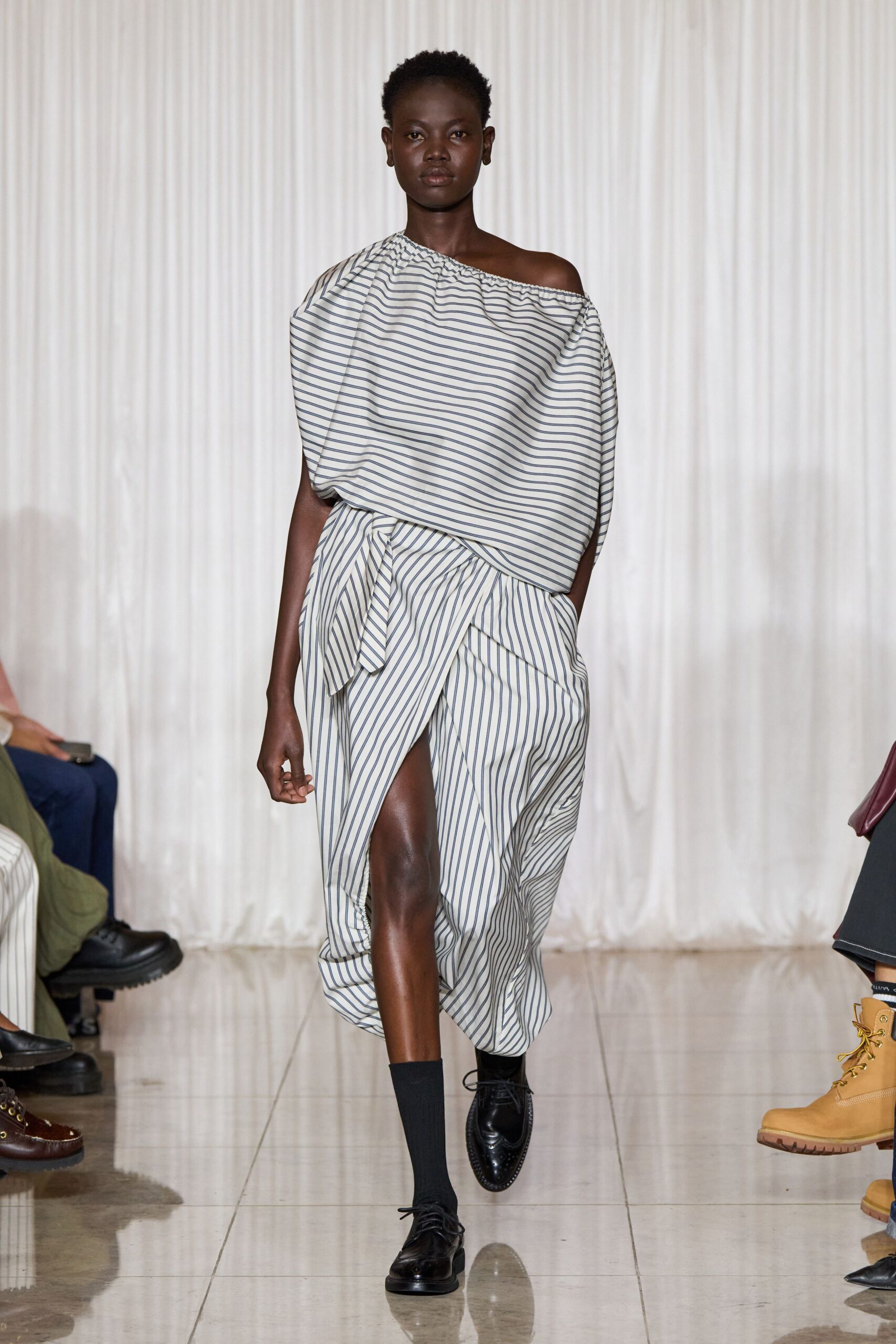 white cotton off-shoulder asymmetric relaxed striped draped dress
