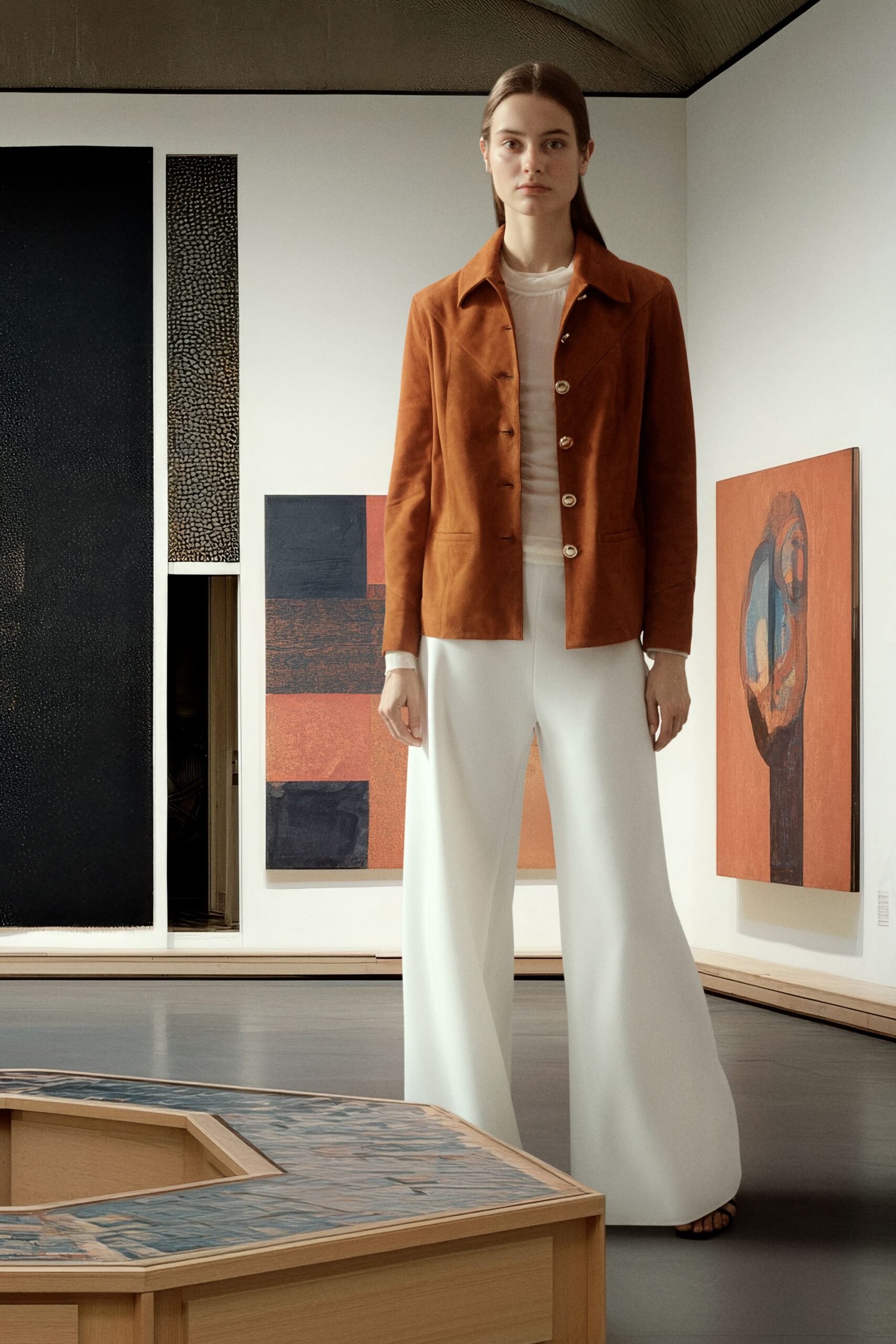 brown suede fitted jacket with white pants